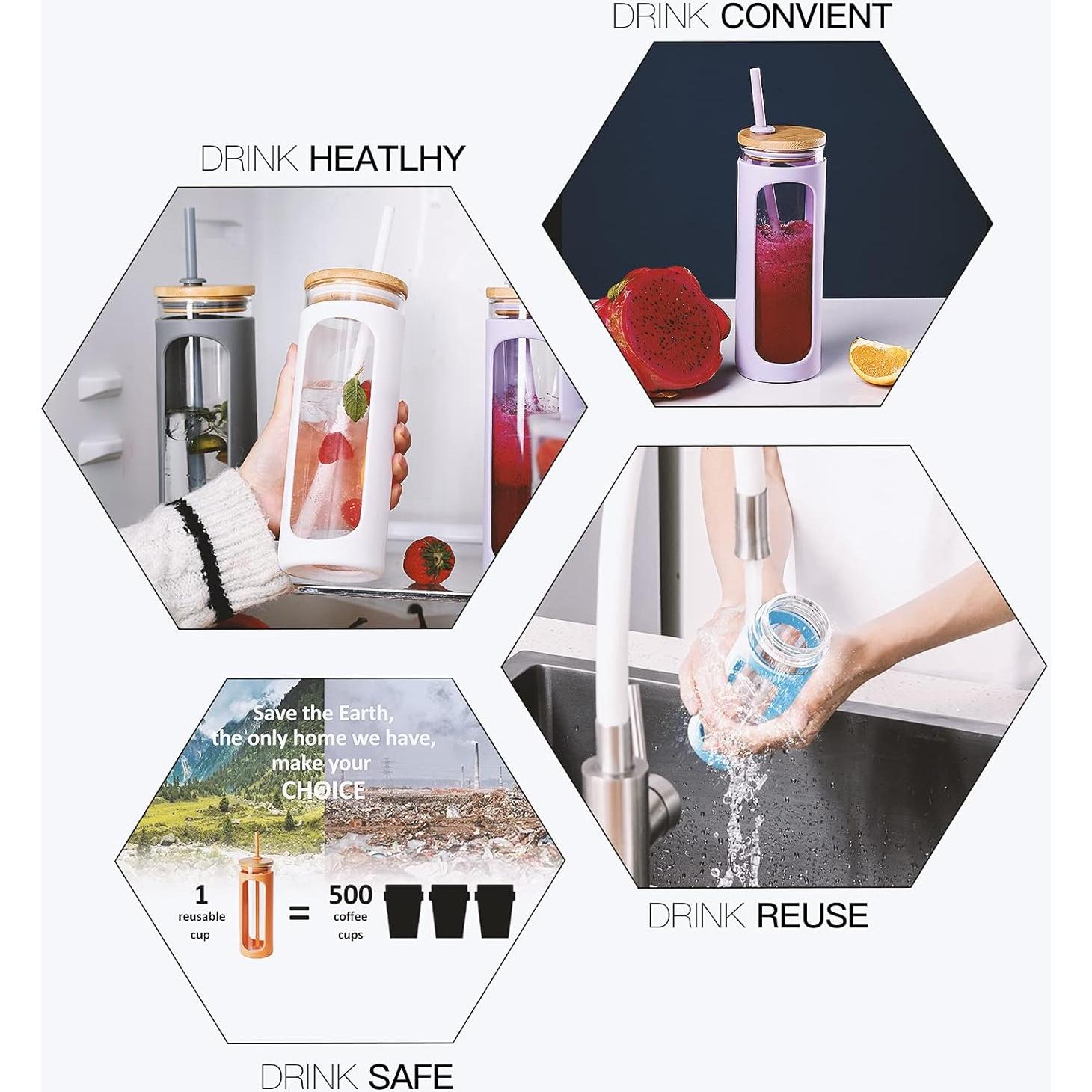 Vaso de Vidrio Kodrine 20oz con Tapa de Bambú y Pajilla