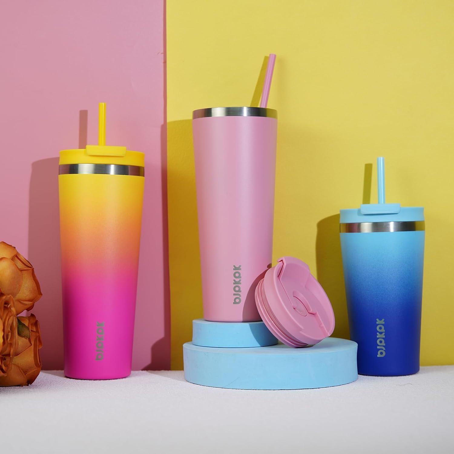 Vaso de Acero Inoxidable 532ml BJPKPK Rosa Claro con Popote