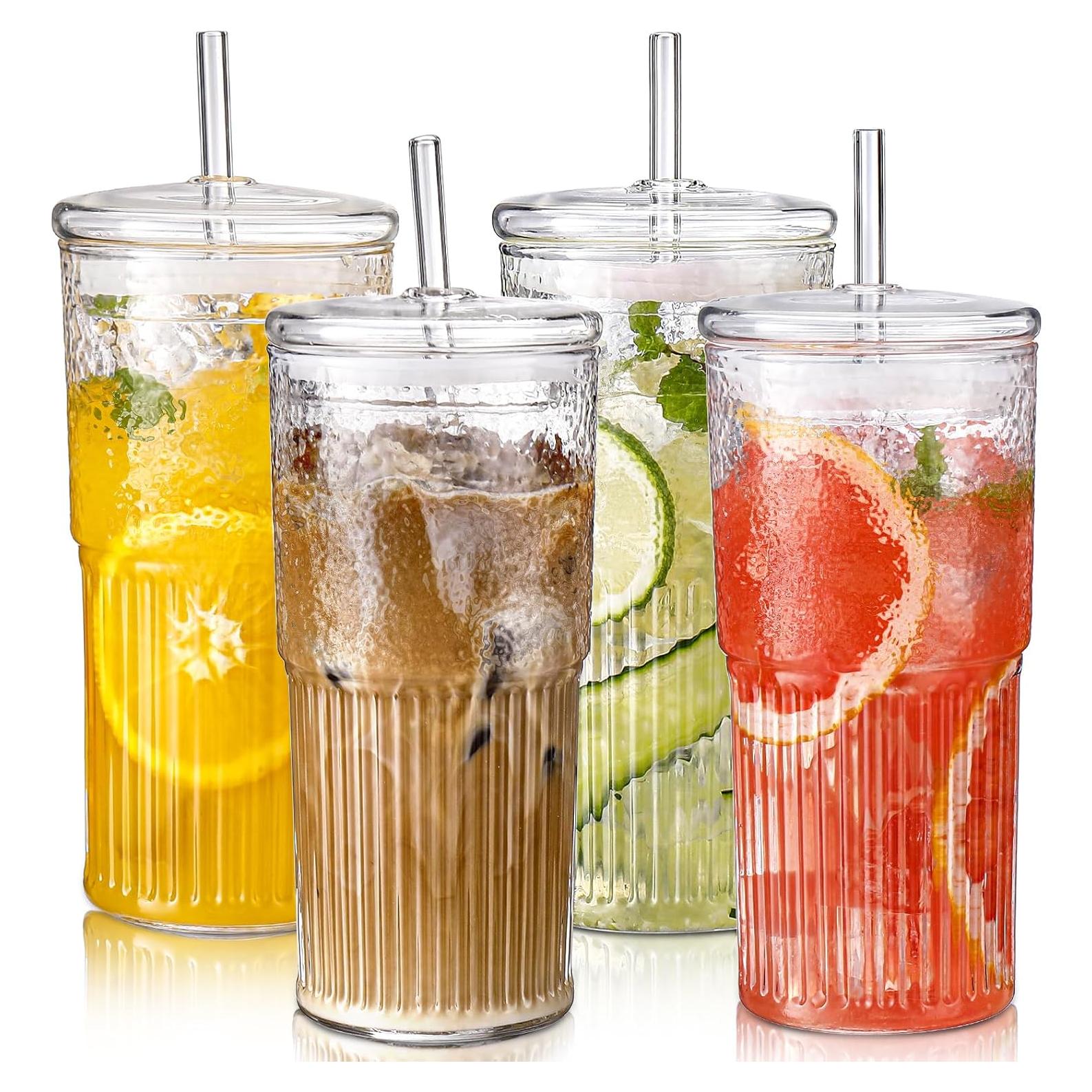 Set de 4 Tazas de Vidrio Reutilizables DWTS 20oz con Tapa y Popote