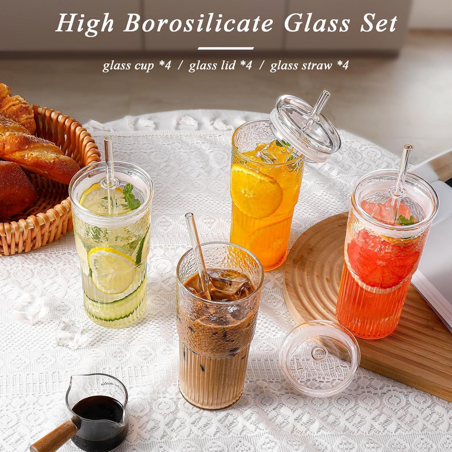 Set de 4 Tazas de Vidrio Reutilizables DWTS 20oz con Tapa y Popote