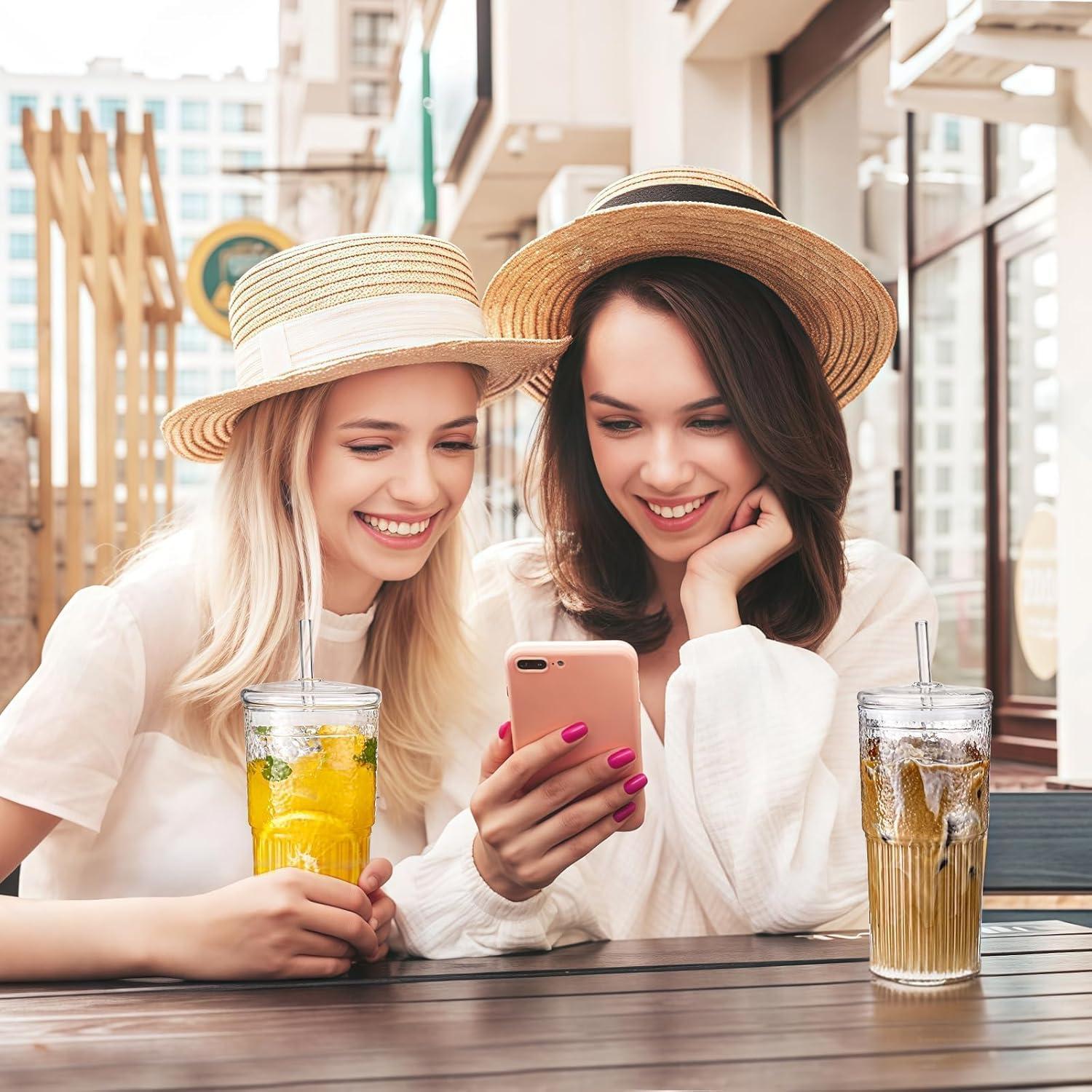 Set de 4 Tazas de Vidrio Reutilizables DWTS 20oz con Tapa y Popote