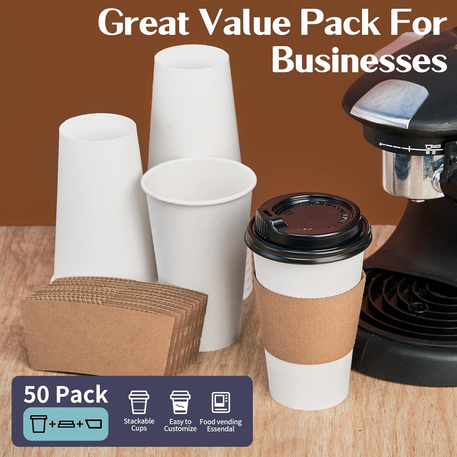 Vasos de Café Desechables YEEHAW 16 oz con Tapas y Mangas - 50 Unidades