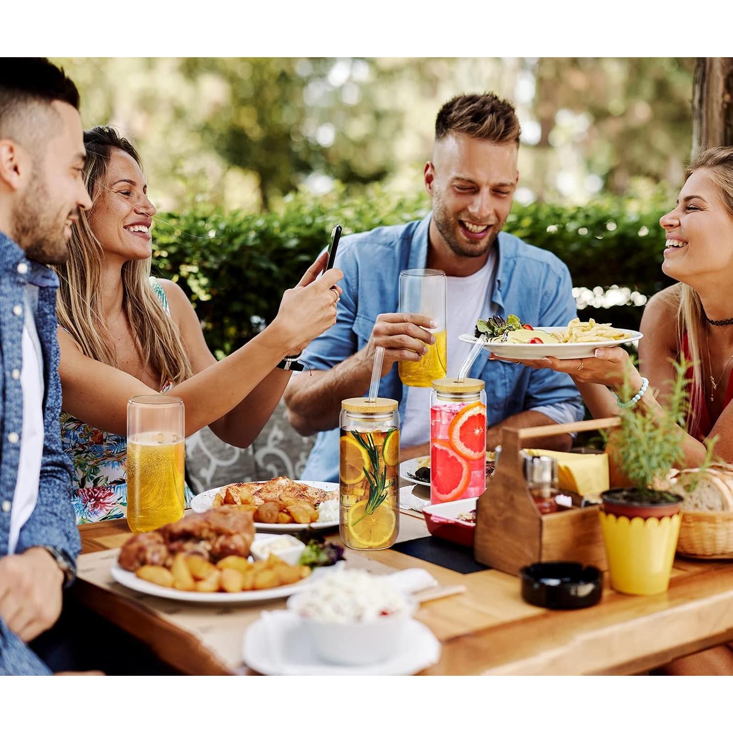 Set de 6 Vasos de Vidrio 20 Oz con Tapas de Bambú y Popotes