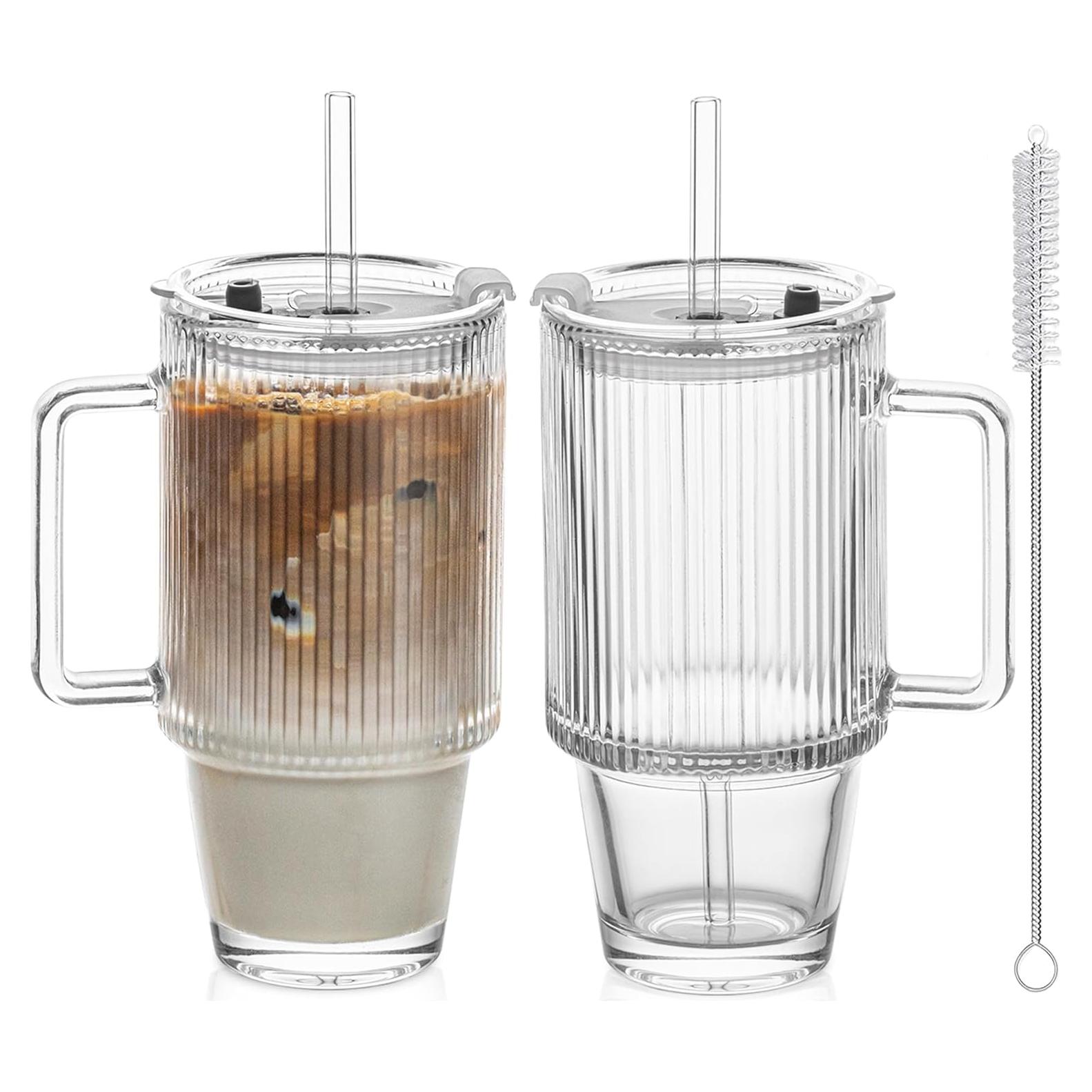 KEMORELA 2-Pack Vasos de Vidrio Estriados 710 ml con Tapas