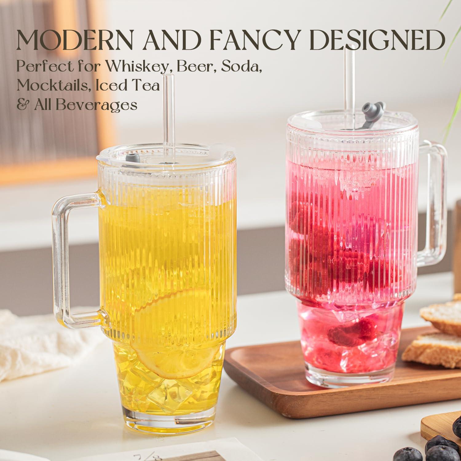 KEMORELA 2-Pack Vasos de Vidrio Estriados 710 ml con Tapas