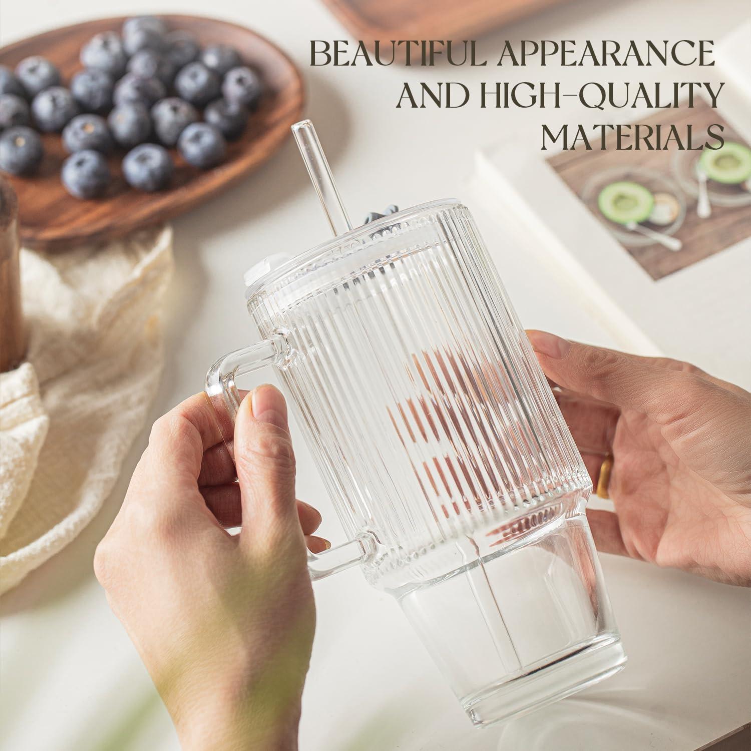 KEMORELA 2-Pack Vasos de Vidrio Estriados 710 ml con Tapas