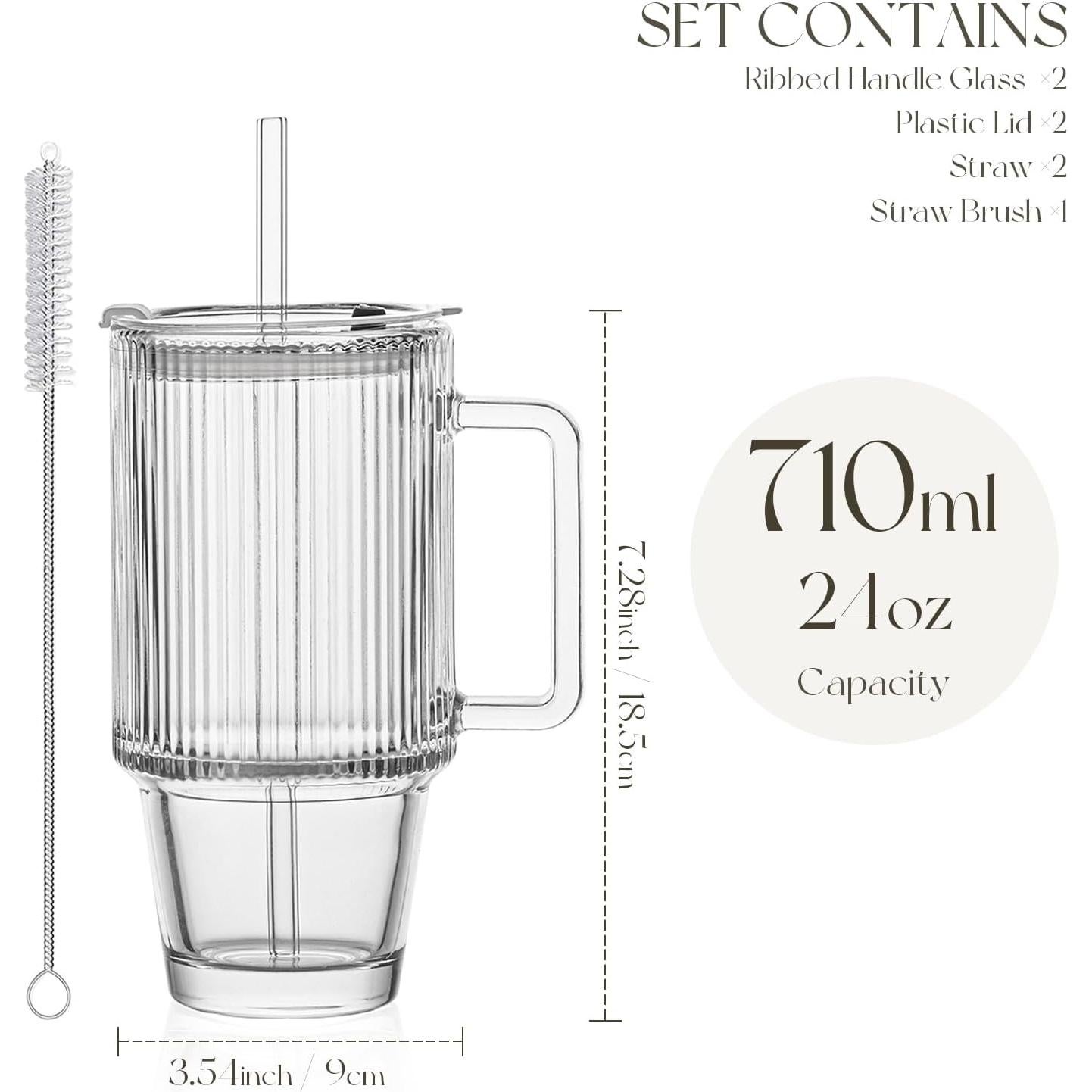 KEMORELA 2-Pack Vasos de Vidrio Estriados 710 ml con Tapas