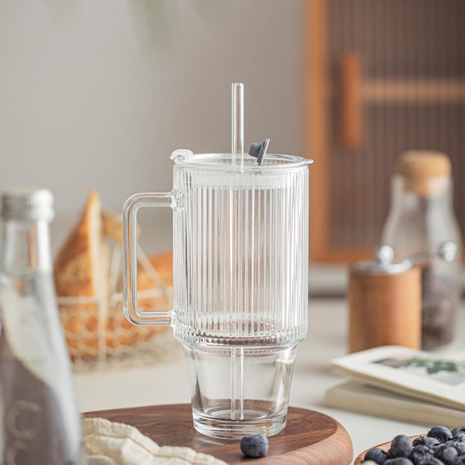 KEMORELA 2-Pack Vasos de Vidrio Estriados 710 ml con Tapas