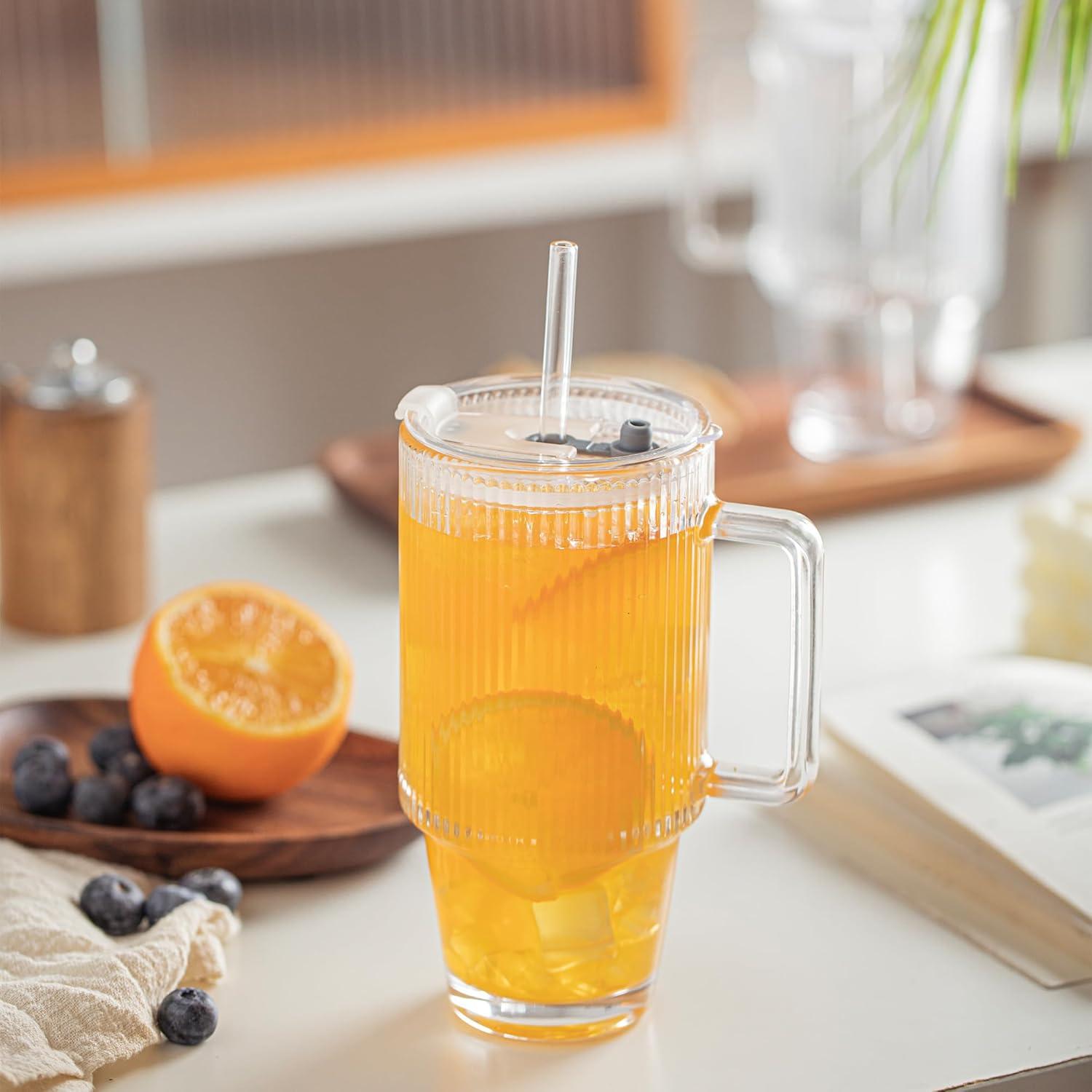 KEMORELA 2-Pack Vasos de Vidrio Estriados 710 ml con Tapas