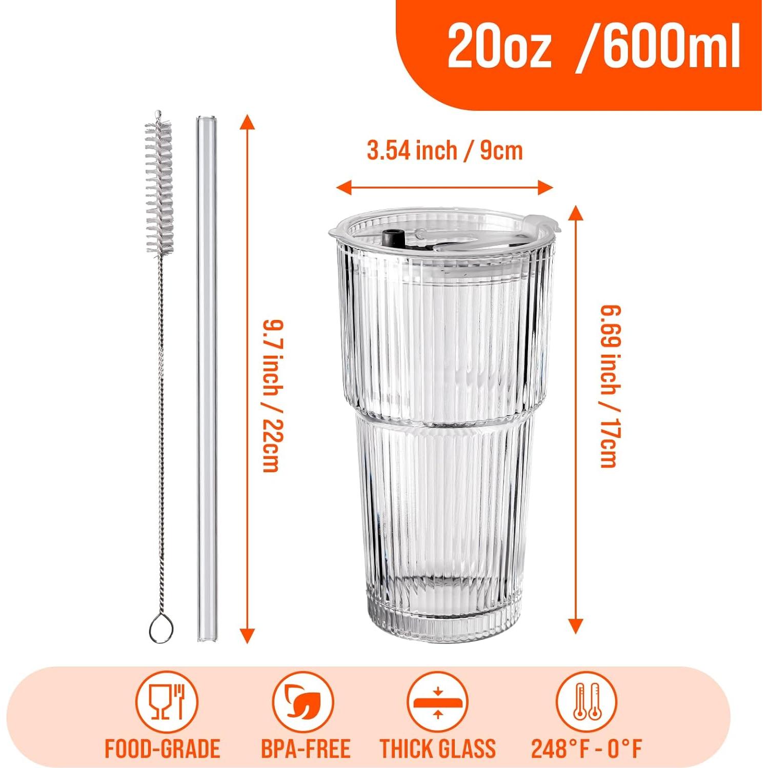 Vasos de vidrio acanalados SUROQUE 590ml con tapas y popotes