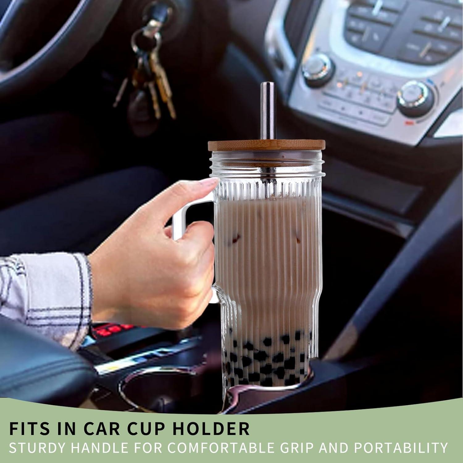 Taza de vidrio estriada Birity 24oz con tapa y popote - 2 Pack