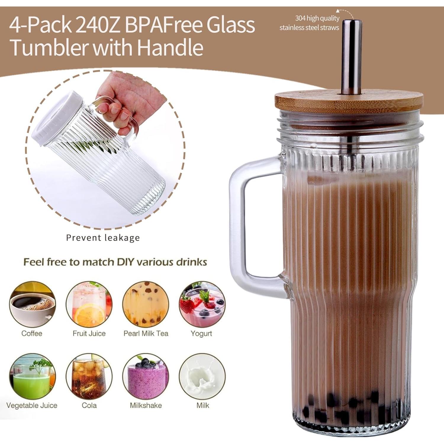 Taza de vidrio estriada Birity 24oz con tapa y popote - 2 Pack