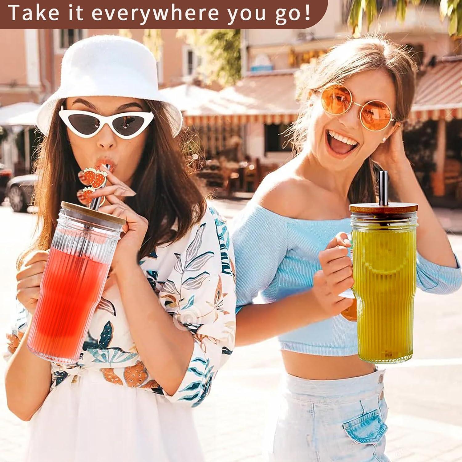 Taza de vidrio estriada Birity 24oz con tapa y popote - 2 Pack