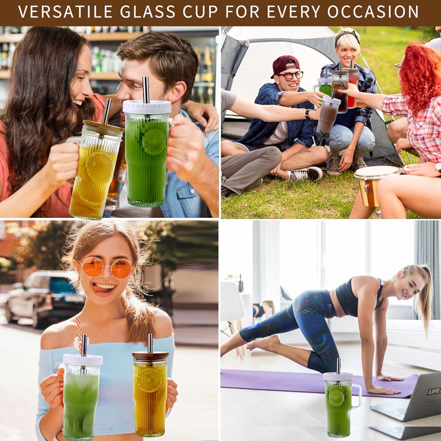 Taza de vidrio estriada Birity 24oz con tapa y popote - 2 Pack