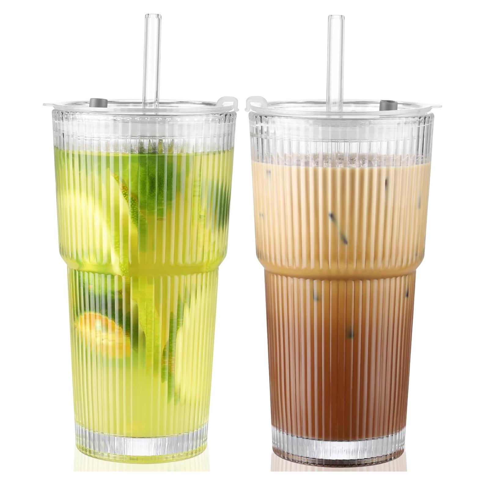 Vasos de Vidrio CWHHRN 20 oz con Tapa y Pajilla - 2 Piezas