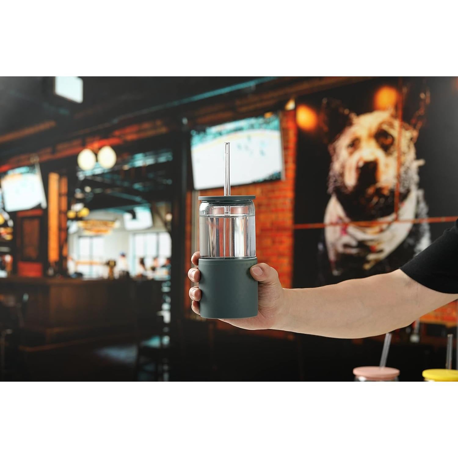 Vasos de vidrio Sunseeke con tapa y popote 473ml - Paquete de 3