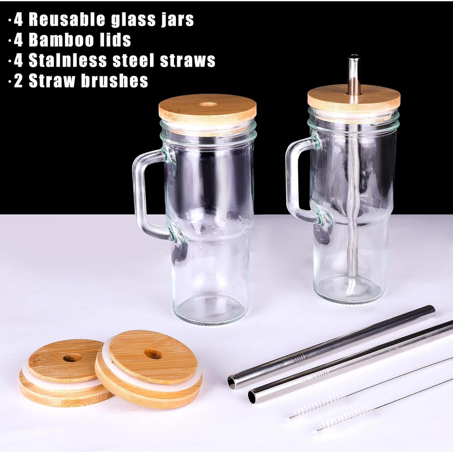 Set de 4 Tazas de Vidrio 24oz con Tapas de Bambú y Popotes