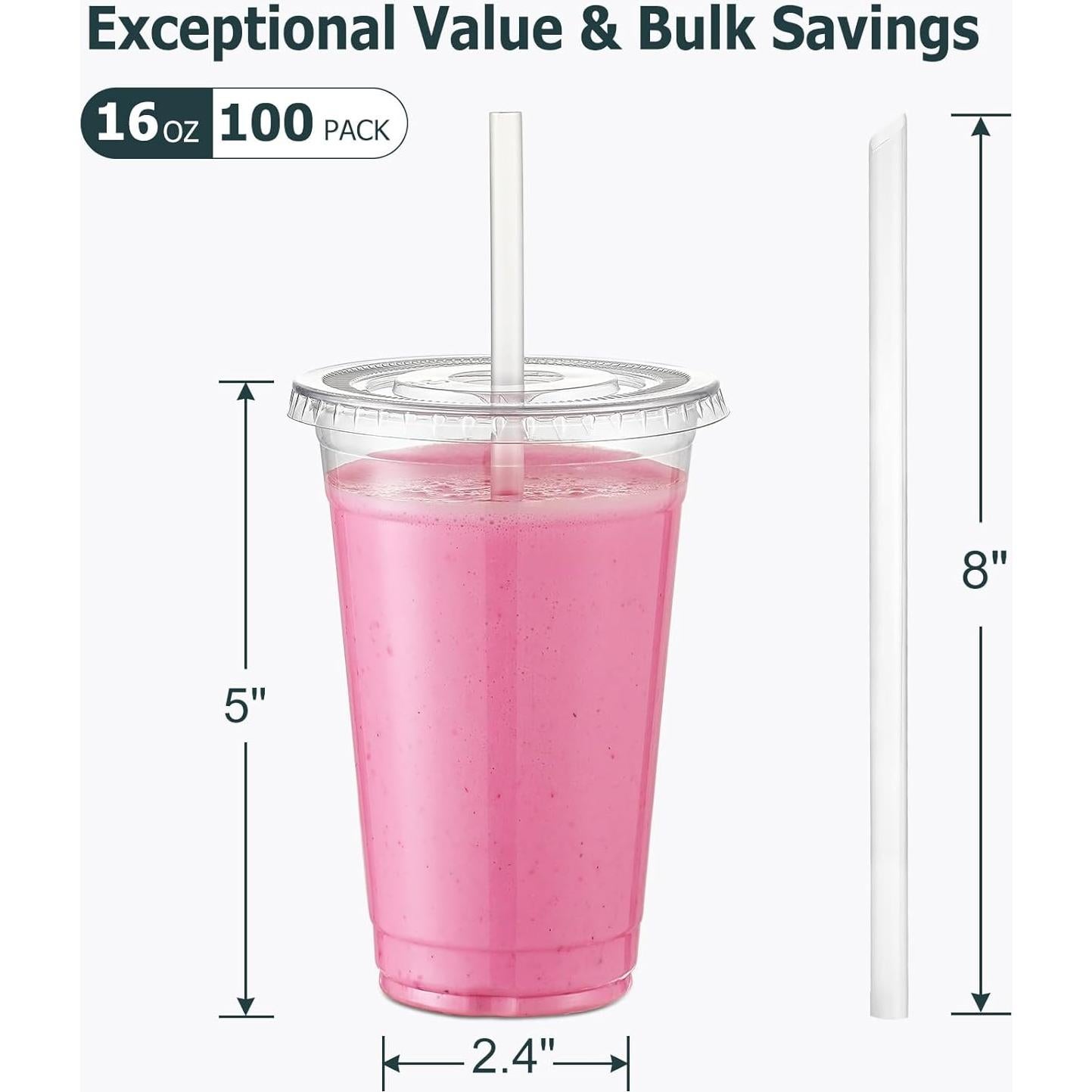 AOZITA 100 Vasos de Plástico 16 Oz con Tapas y Pajitas