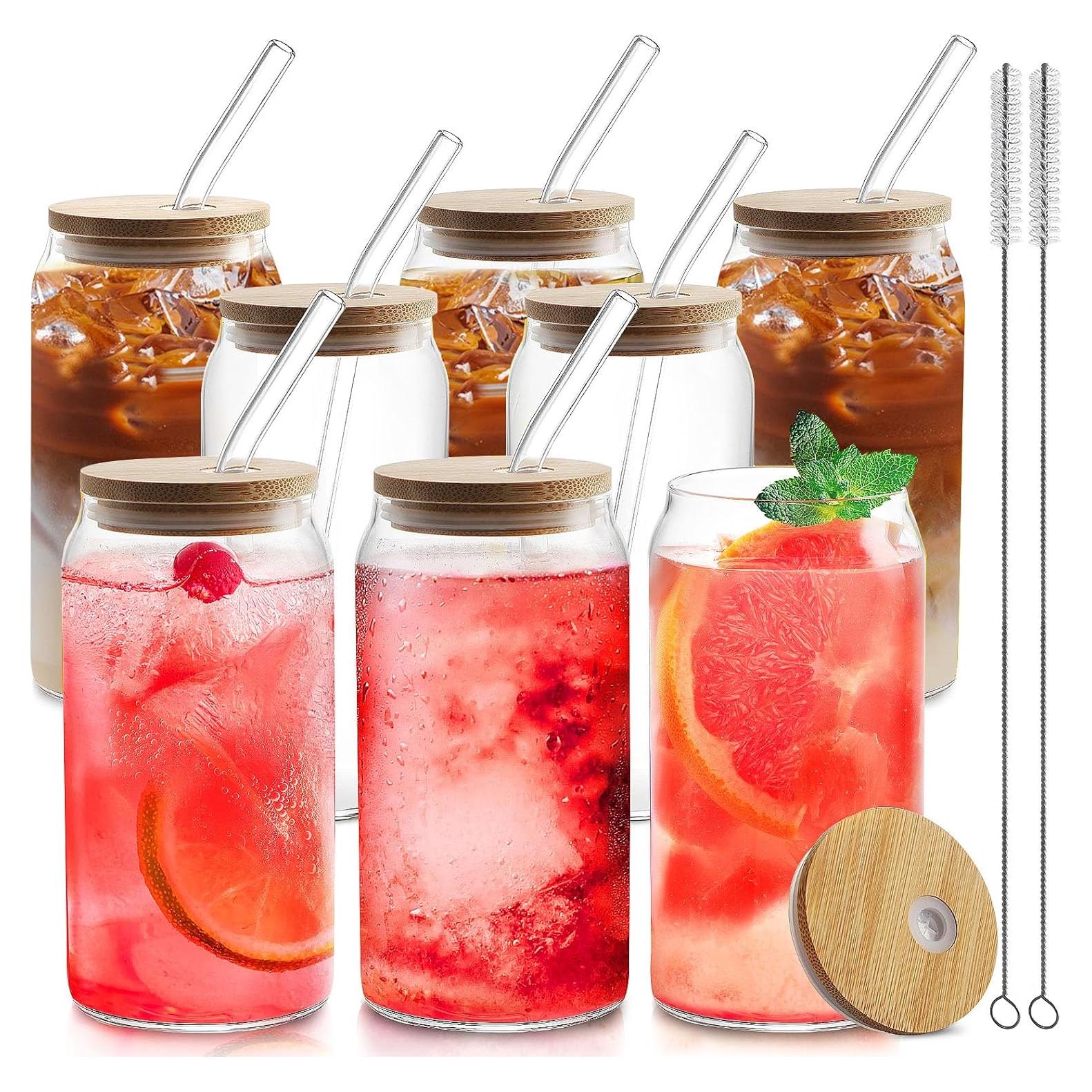Juego de 8 Tazas de Vidrio HOMBERKING 591 ml con Tapas de Bambú