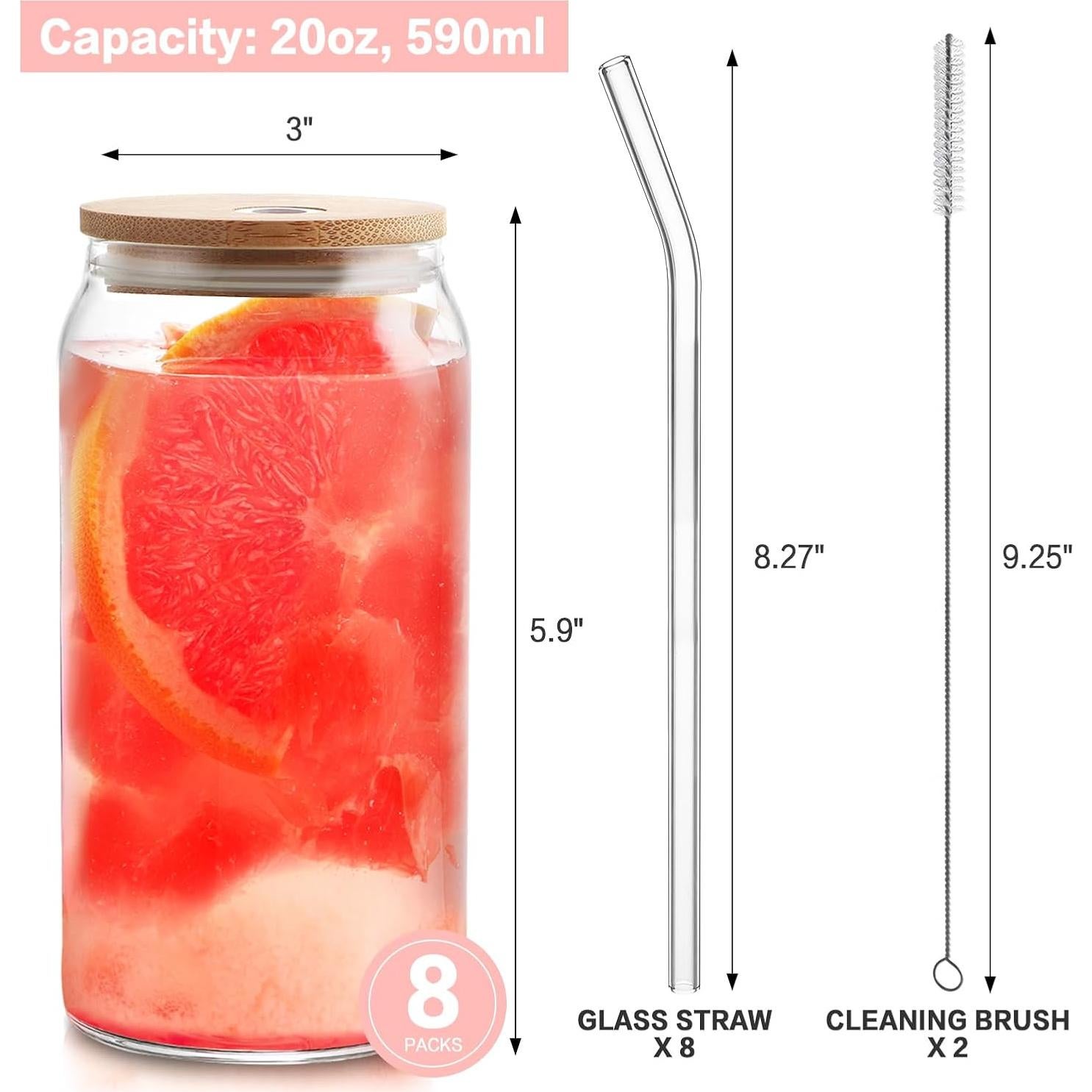 Juego de 8 Tazas de Vidrio HOMBERKING 591 ml con Tapas de Bambú