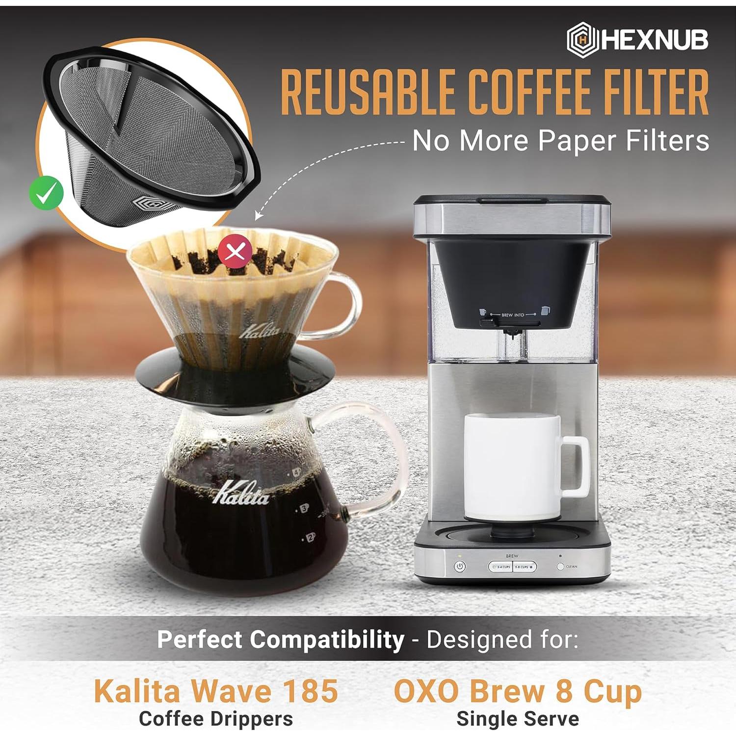 Filtro de Café Reutilizable HEXNUB para Kalita Wave 185 y OXO 8 Tazas