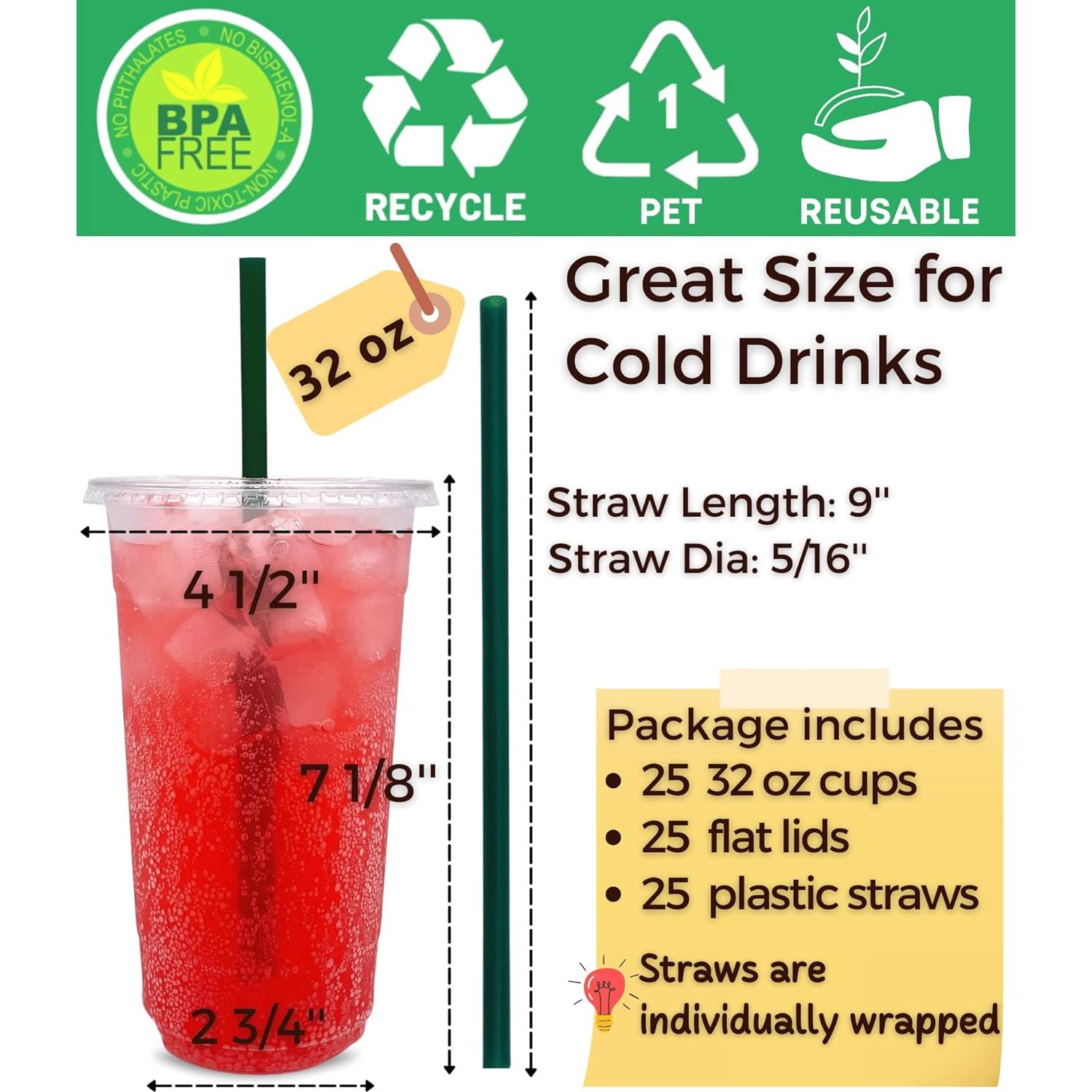 Vasos de Plástico Aatriet 32 oz Transparentes con Tapas y Pajitas - 25 Piezas