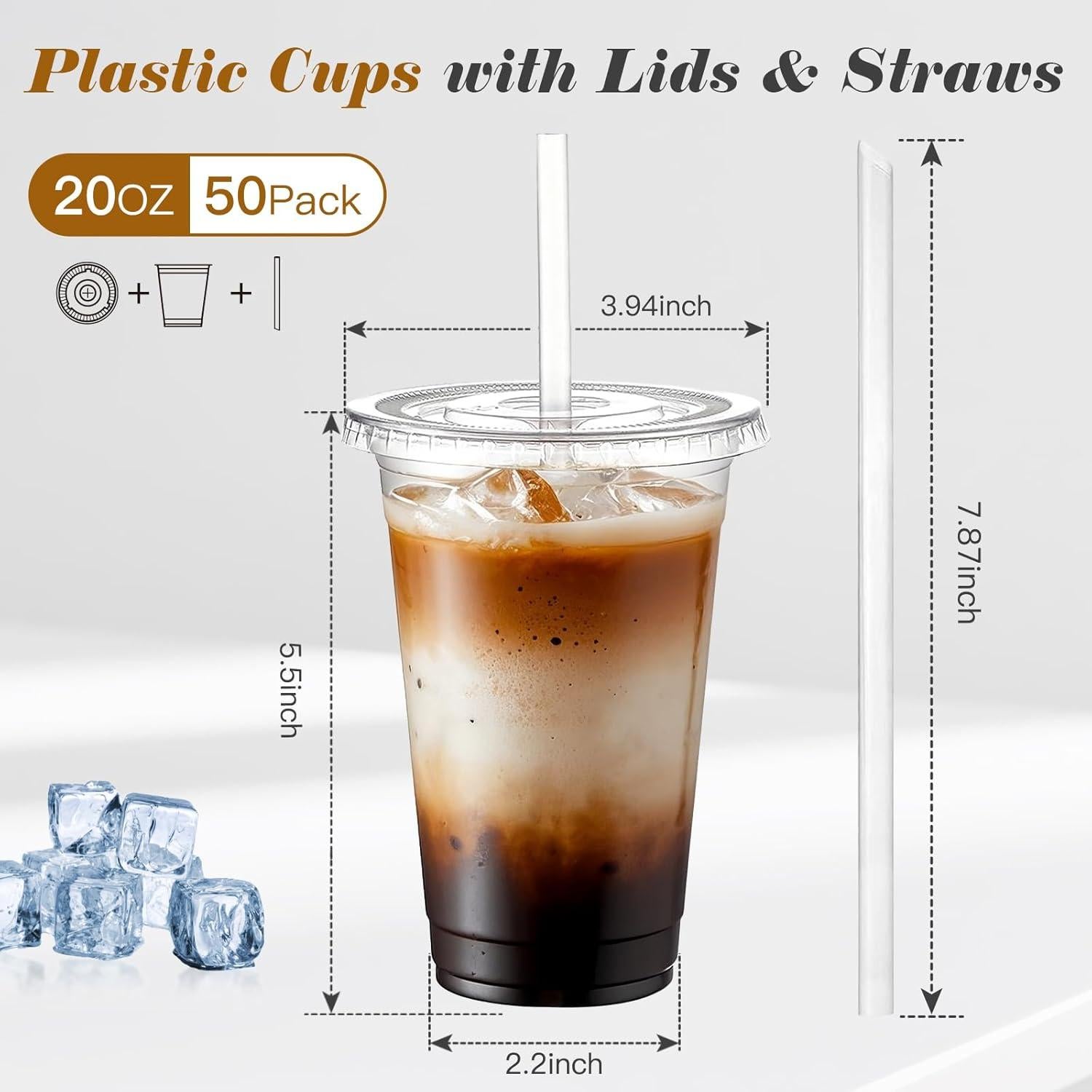 Vasos de Plástico Desechables Ginkgo 20 oz 50 Pack con Tapas y Pajitas