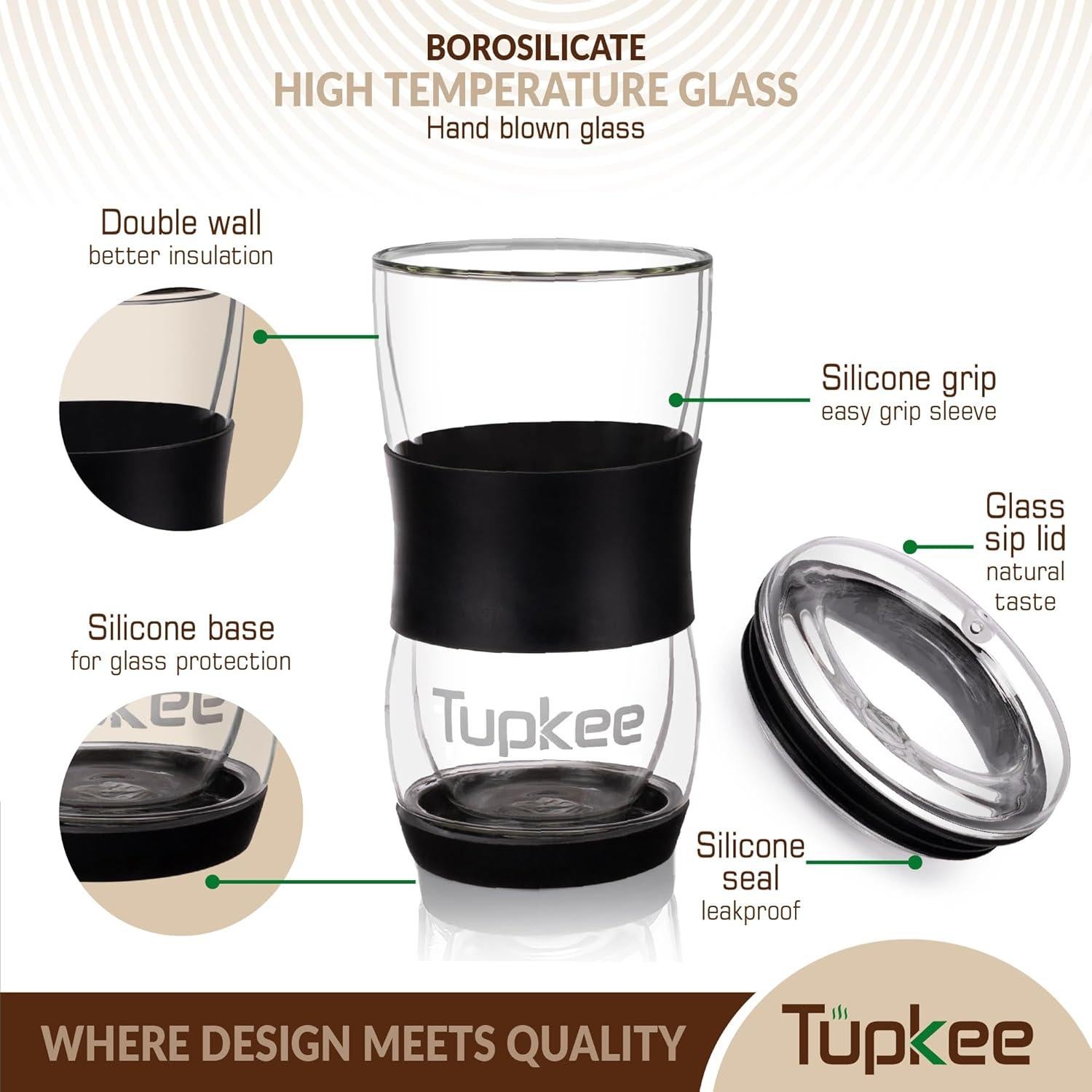 Vaso de Vidrio Doble Pared Tupkee 20 oz con Tapa - Negro