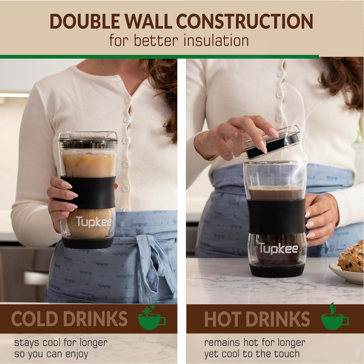 Vaso de Vidrio Doble Pared Tupkee 20 oz con Tapa - Negro