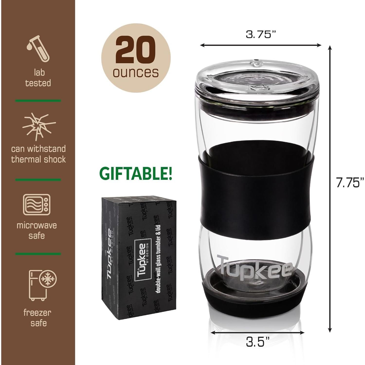 Vaso de Vidrio Doble Pared Tupkee 20 oz con Tapa - Negro