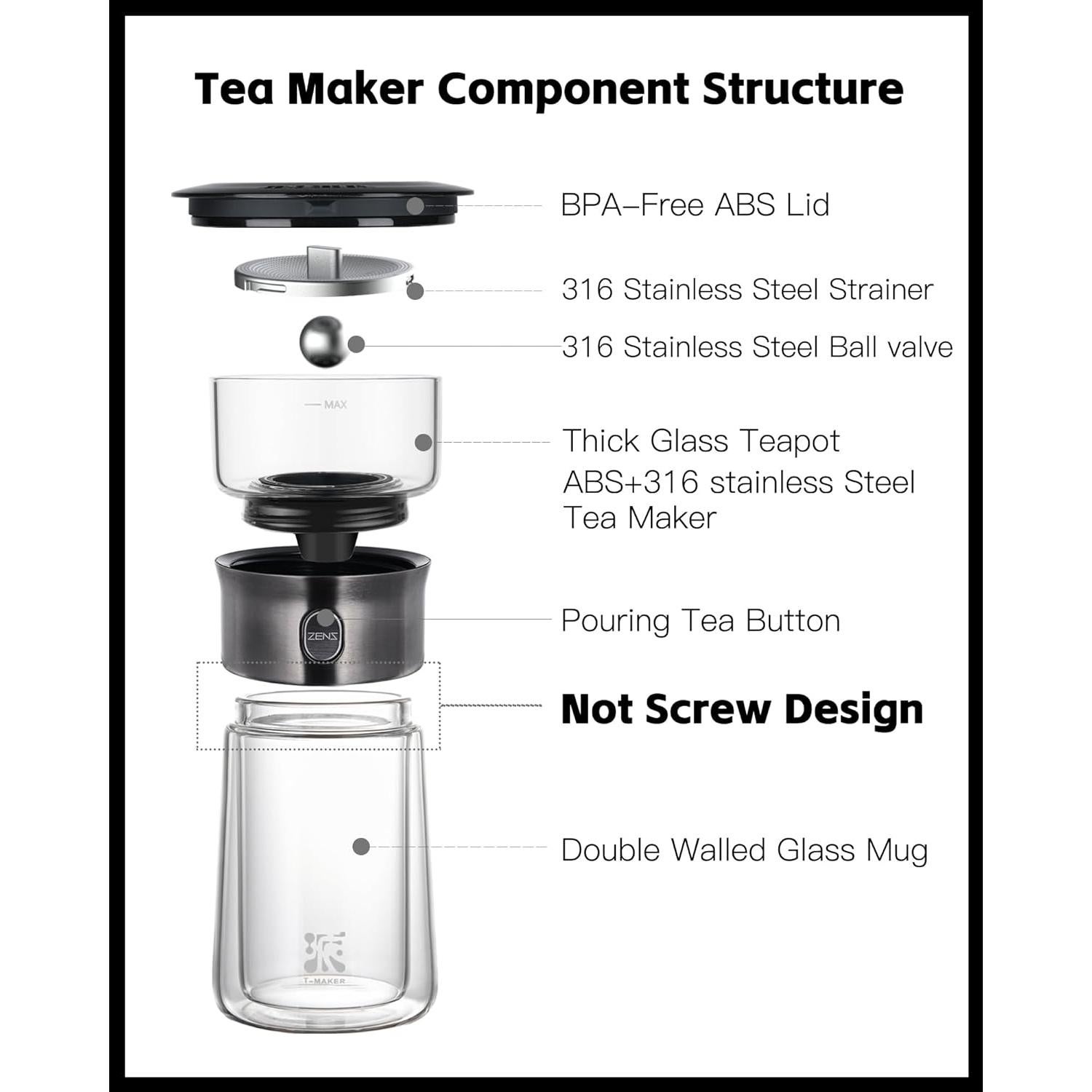 Tetera Infusora de Vidrio ZENS 0.71 kg con Taza y Estuche
