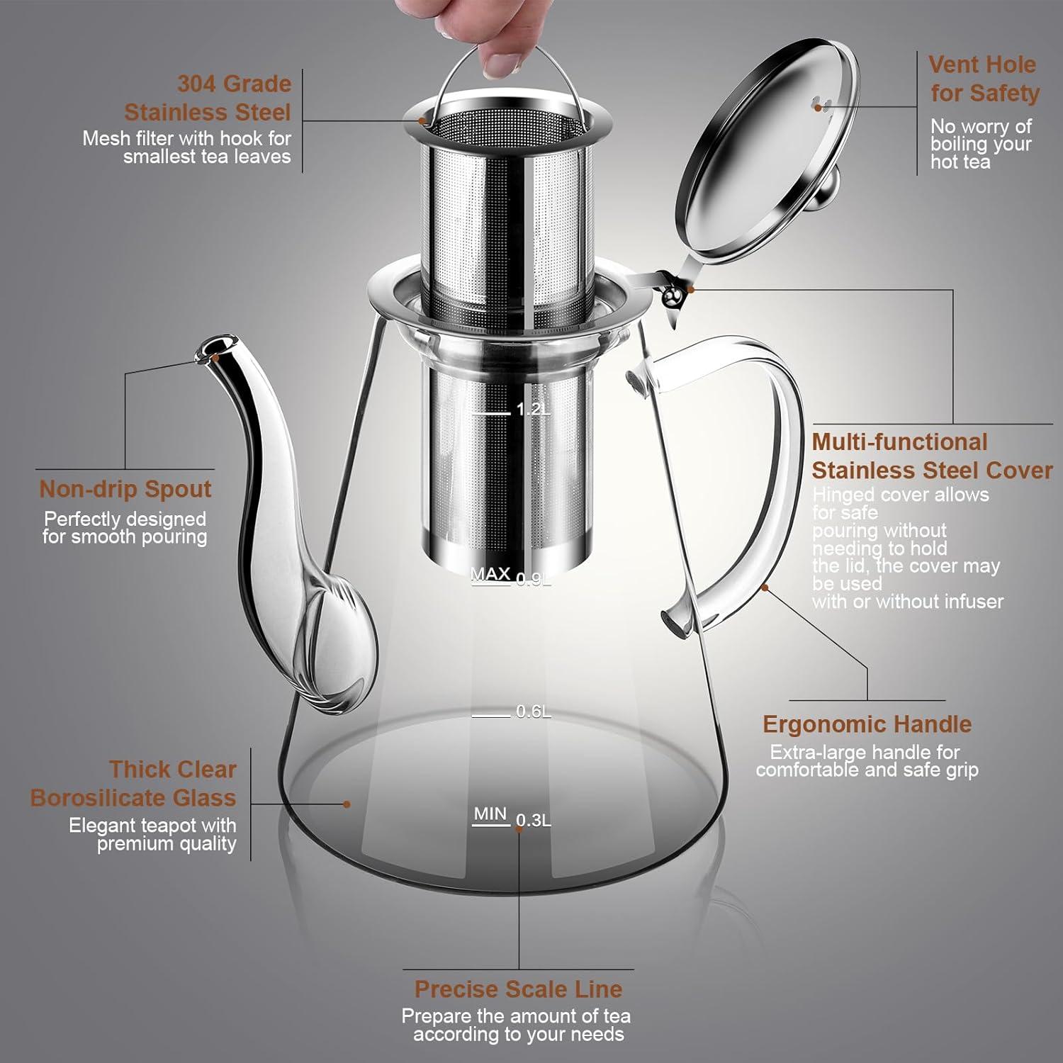 Tetera de Vidrio Borosilicato Zpose 1200ml con Infusor