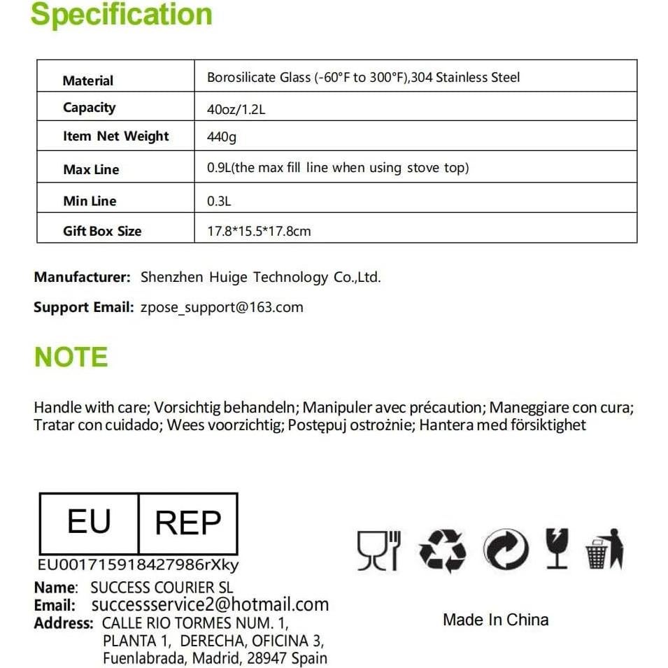 Tetera de Vidrio Borosilicato Zpose 1200ml con Infusor