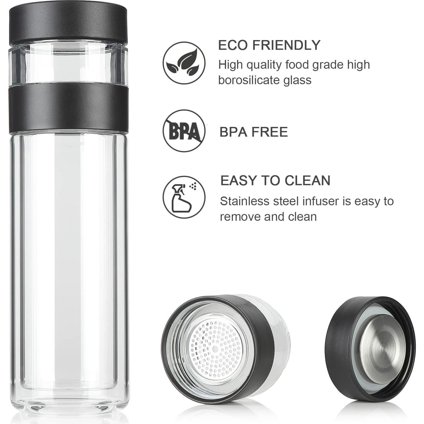 Botella de Té COMI de Doble Pared 400ml Vidrio Borosilicato Negro