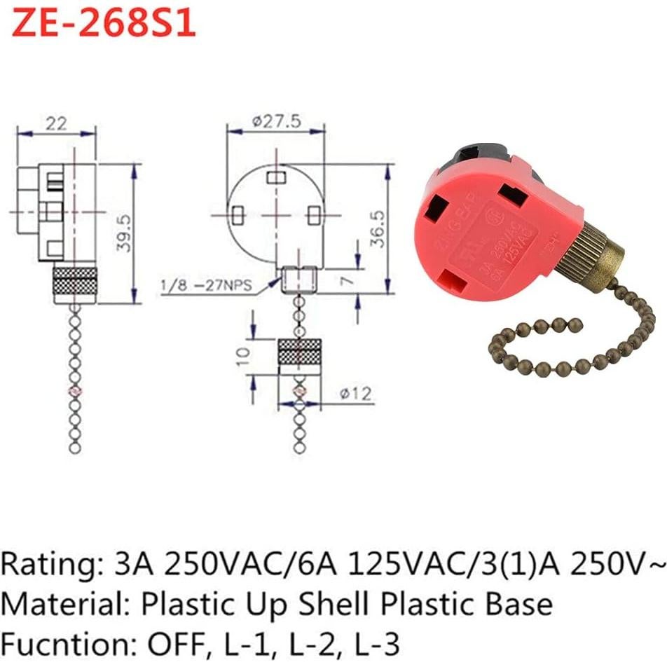 Interruptor de Ventilador de Techo Zing Ear ZE-268S1 3 Velocidades 4 Cables