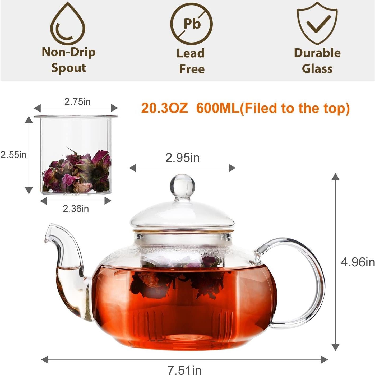 Tetera de vidrio CNGLASS 600 ml con infusor removible