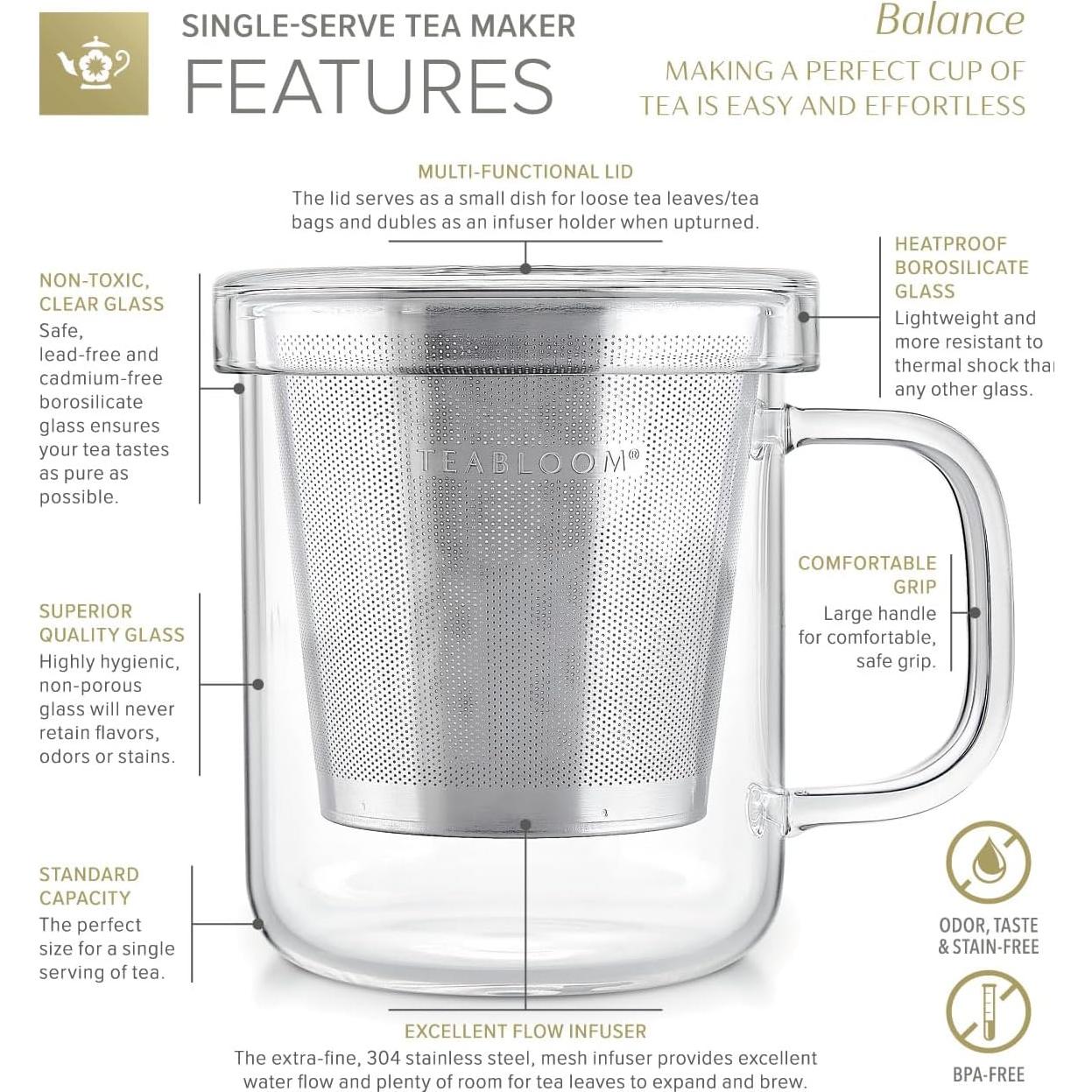 Taza de Vidrio Borosilicato Teabloom con Infusor de Acero 240 ml