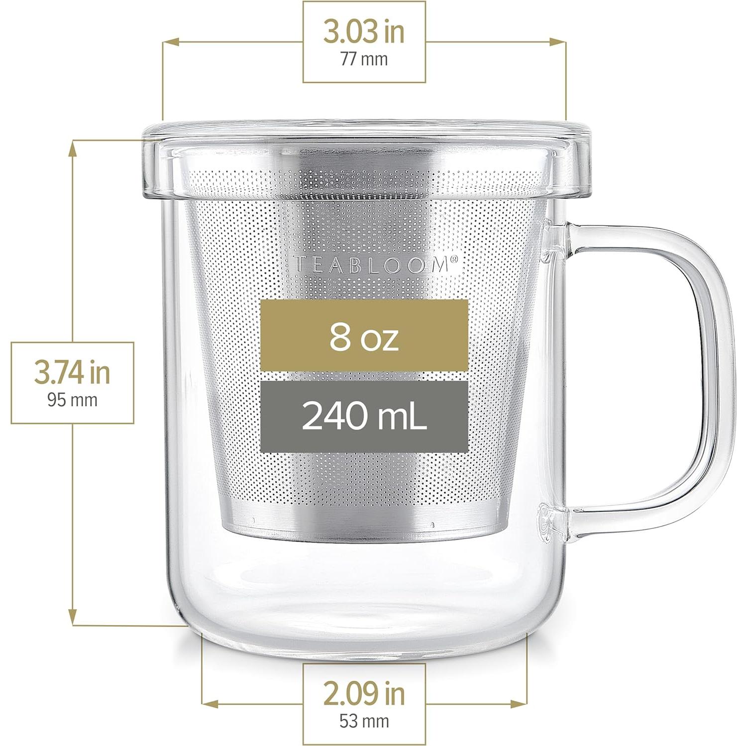 Taza de Vidrio Borosilicato Teabloom con Infusor de Acero 240 ml