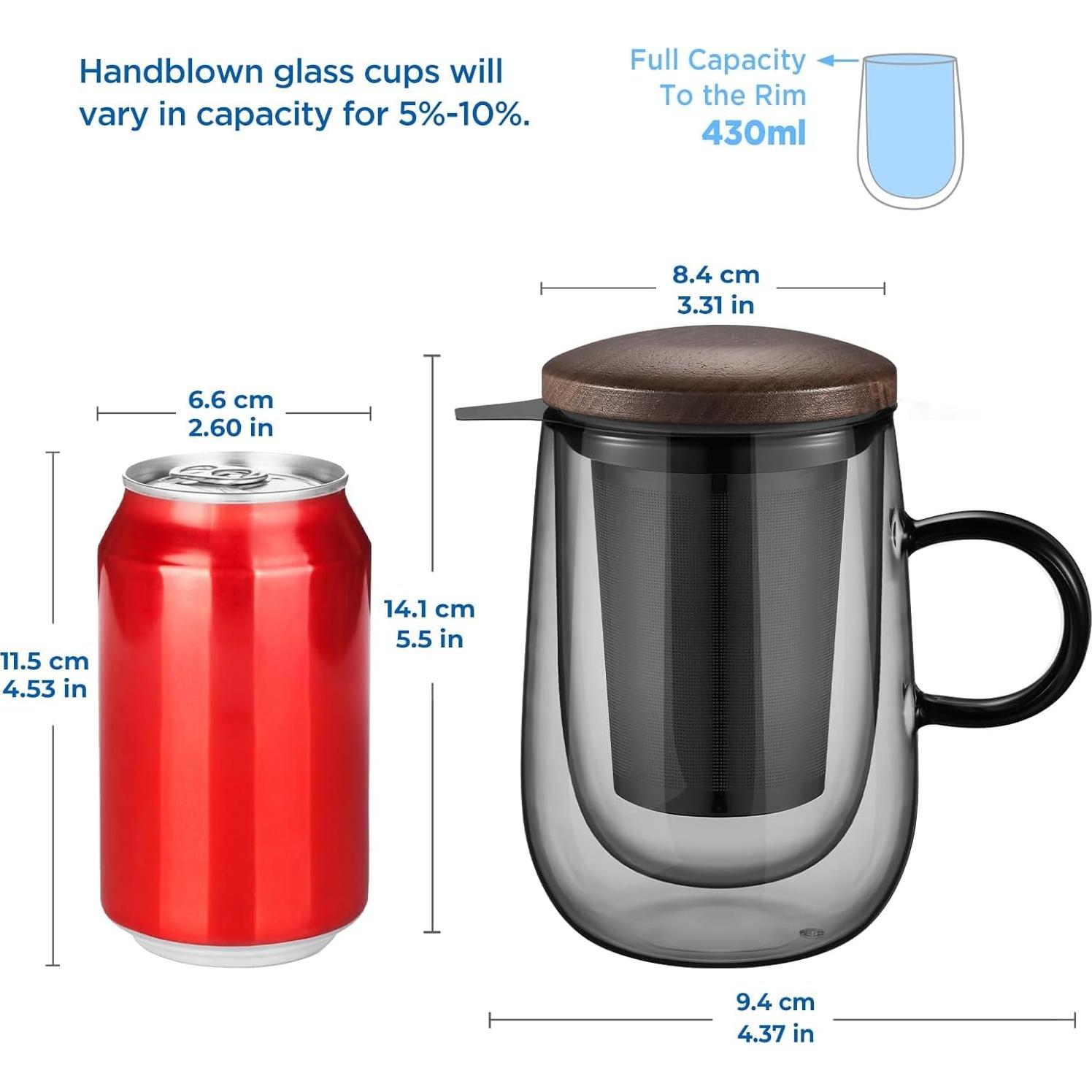 Taza Infusora de Té Glastal 430ml Vidrio Doble Pared con Tapa