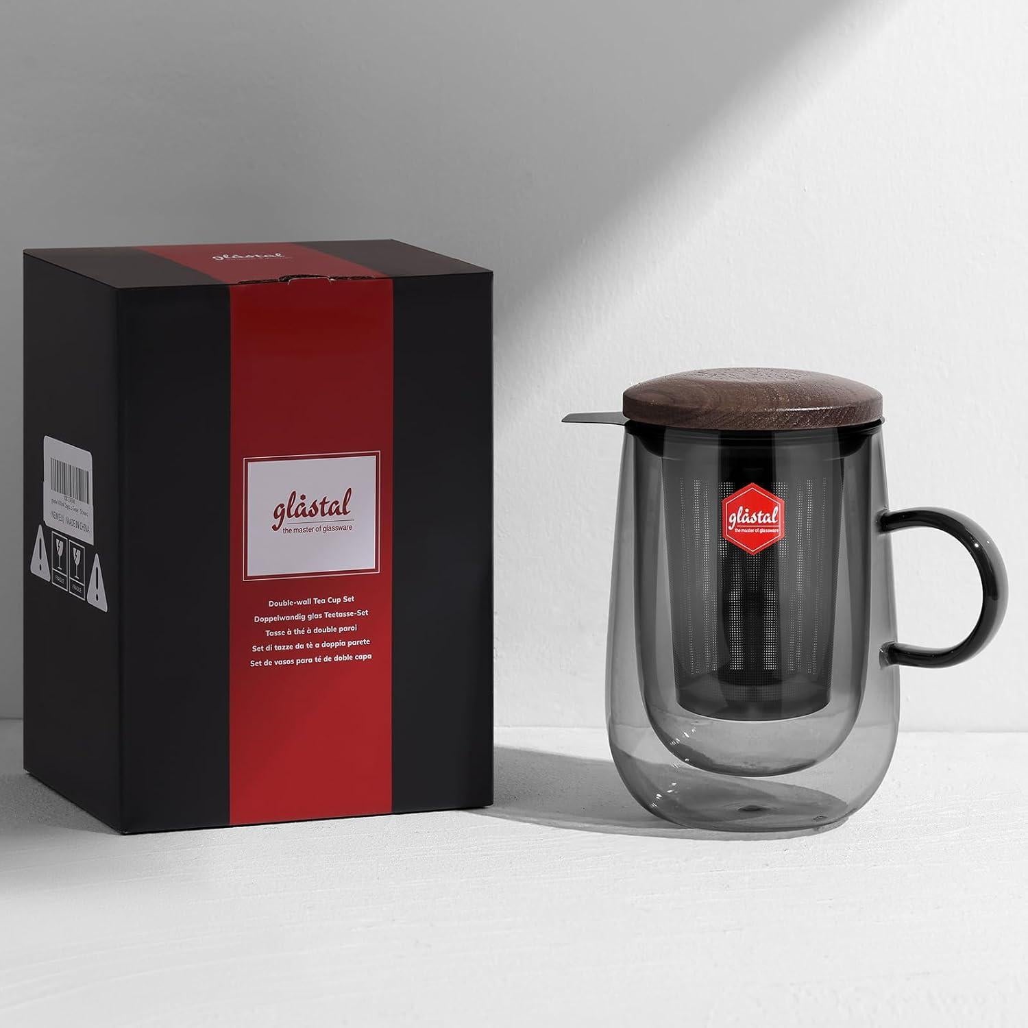 Taza Infusora de Té Glastal 430ml Vidrio Doble Pared con Tapa