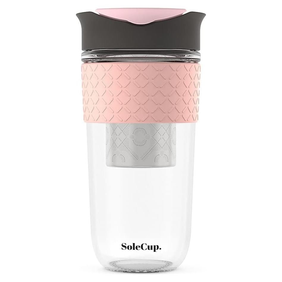 Large Travel Mug Loose Tea Infuser - Detachable Tea Strainer with Spill Proof Lid - 18oz/530ml BPA-Free Reusable Glass Travel Coffee Cup with Silicone Band (Pink) (Grey and Pink)