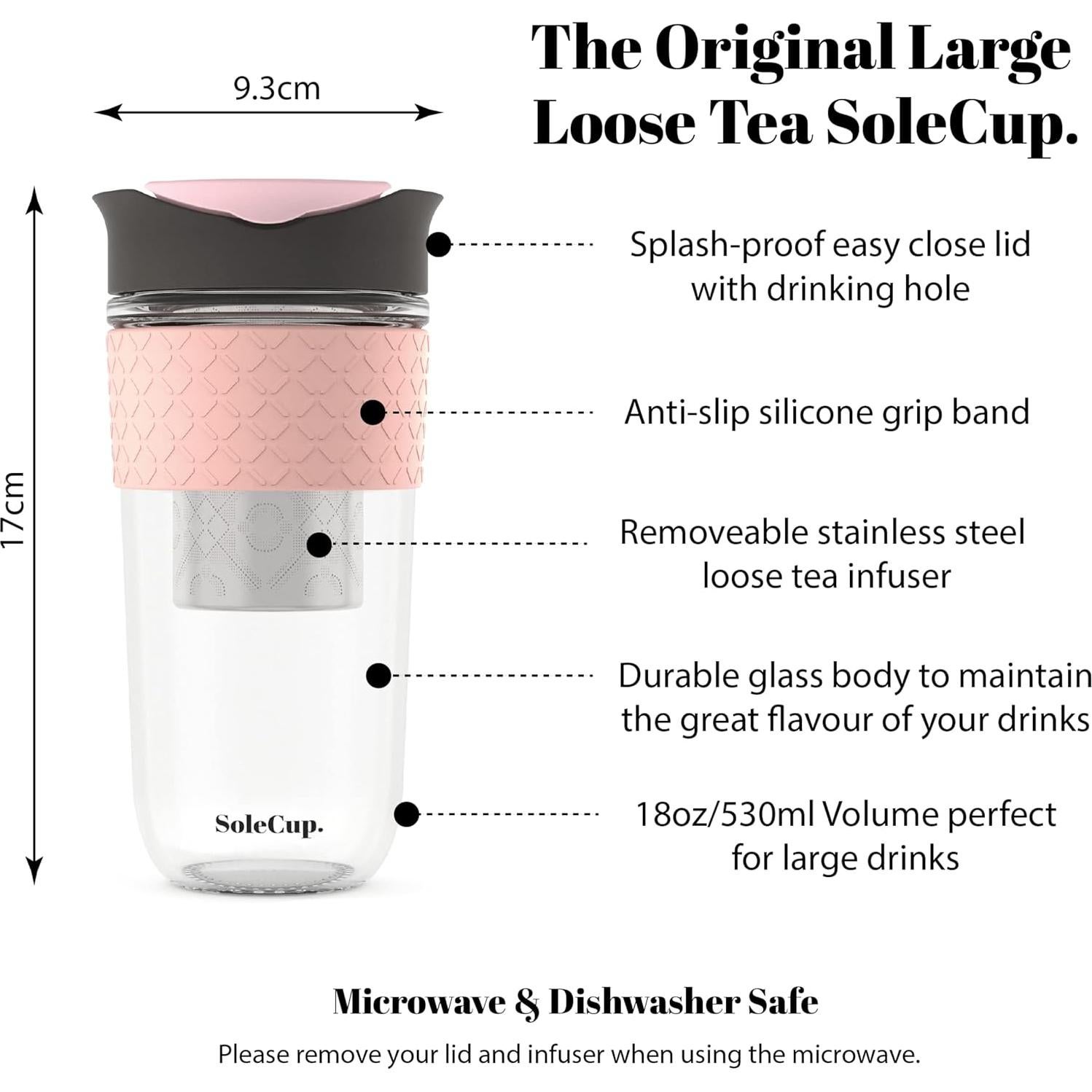 Large Travel Mug Loose Tea Infuser - Detachable Tea Strainer with Spill Proof Lid - 18oz/530ml BPA-Free Reusable Glass Travel Coffee Cup with Silicone Band (Pink) (Grey and Pink)