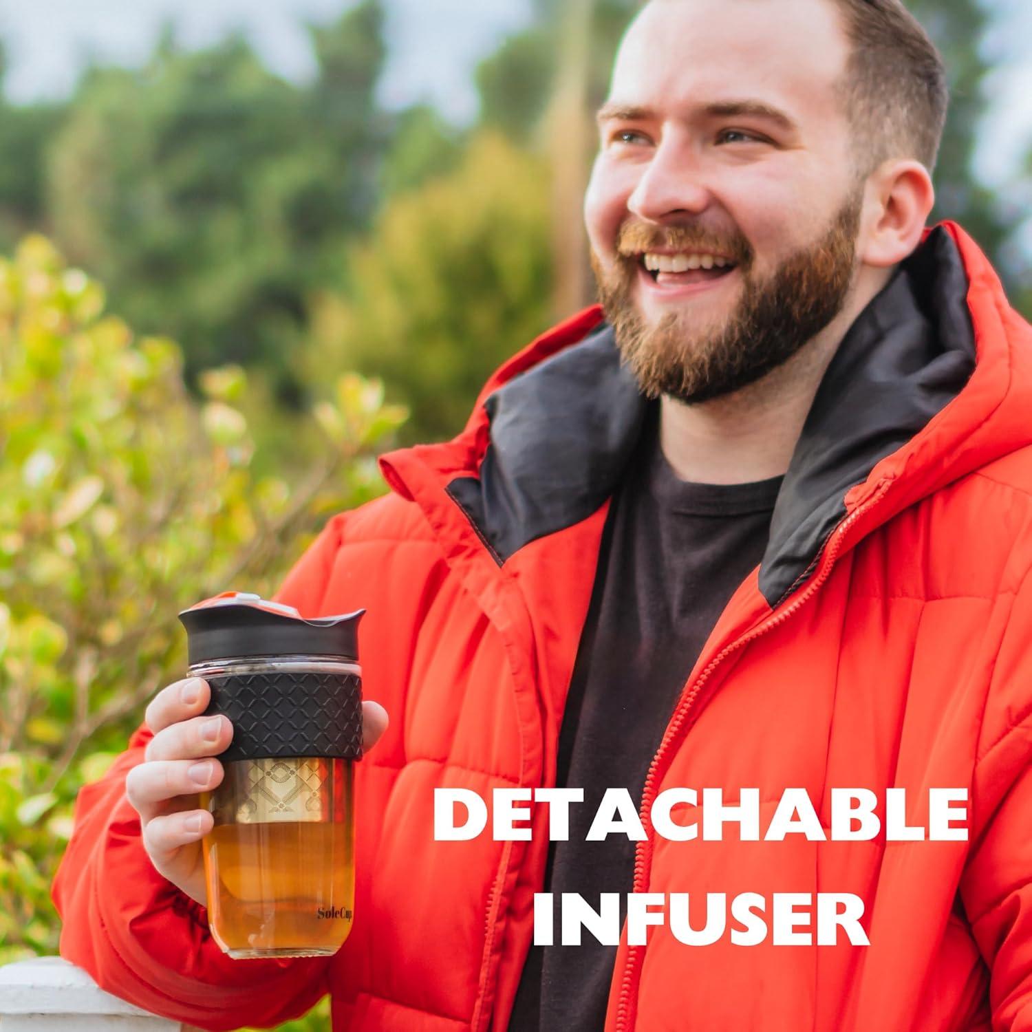 Large Travel Mug Loose Tea Infuser - Detachable Tea Strainer with Spill Proof Lid - 18oz/530ml BPA-Free Reusable Glass Travel Coffee Cup with Silicone Band (Pink) (Grey and Pink)