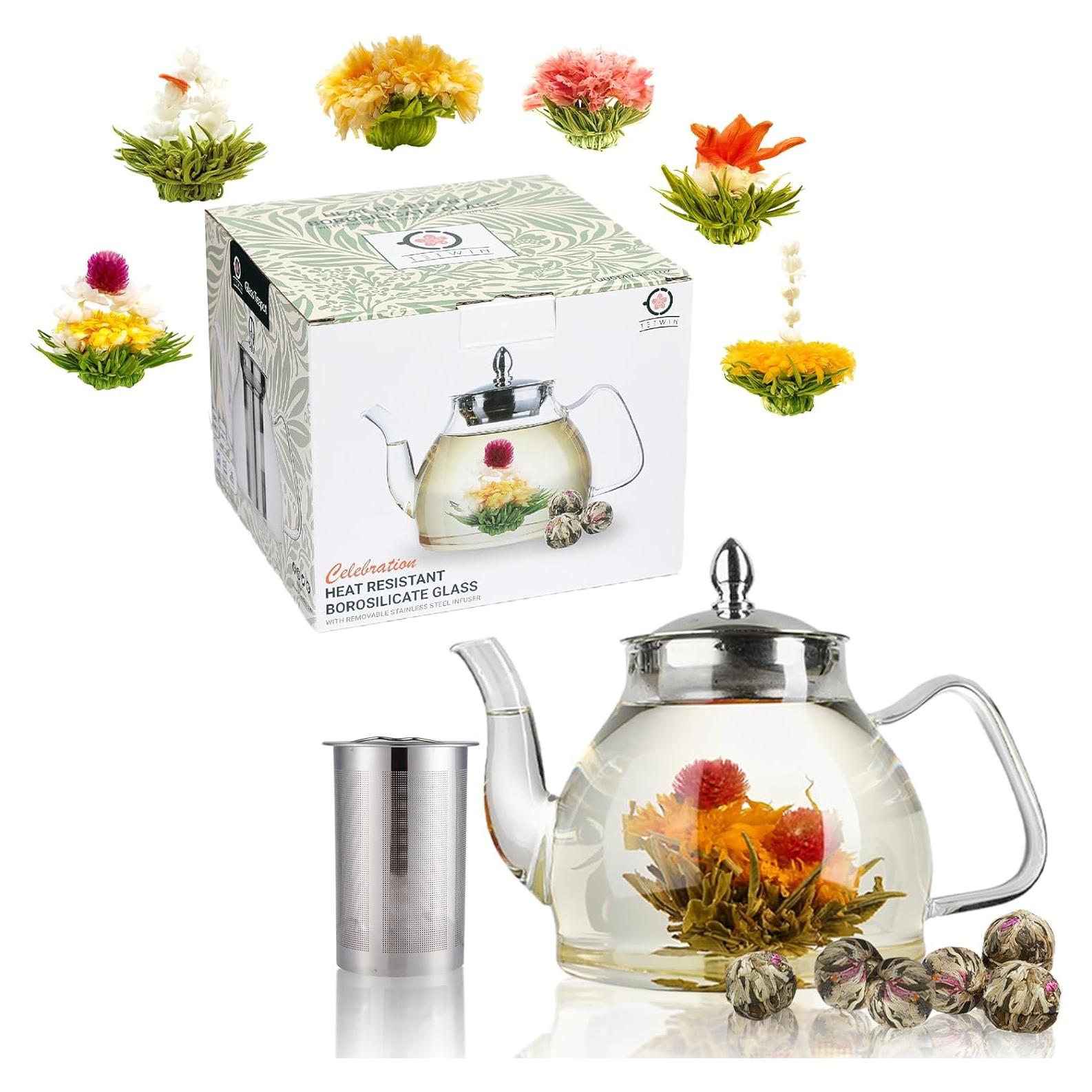 Tetera de Vidrio TETWIN 1000ml con Infusor y 6 Bolas de Té