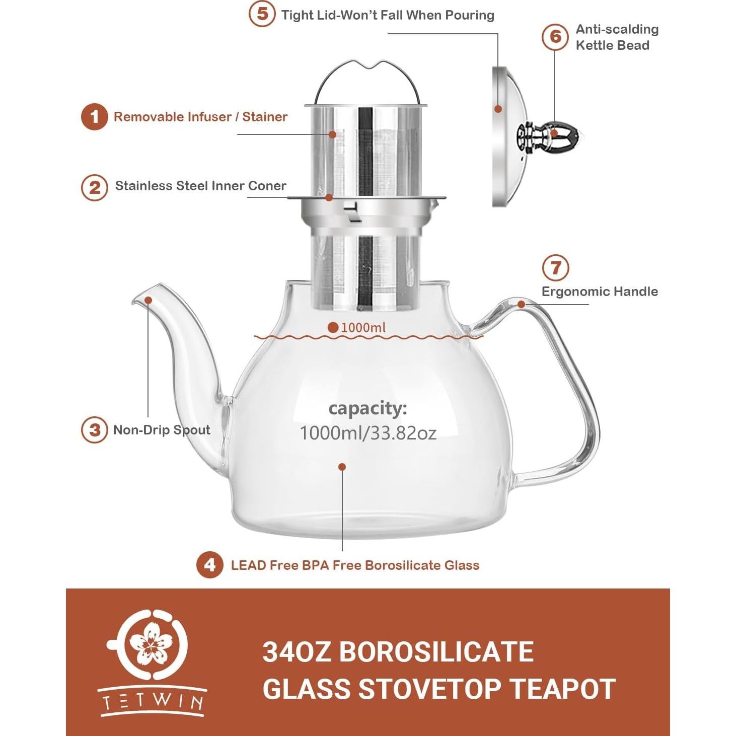 Tetera de Vidrio TETWIN 1000ml con Infusor y 6 Bolas de Té