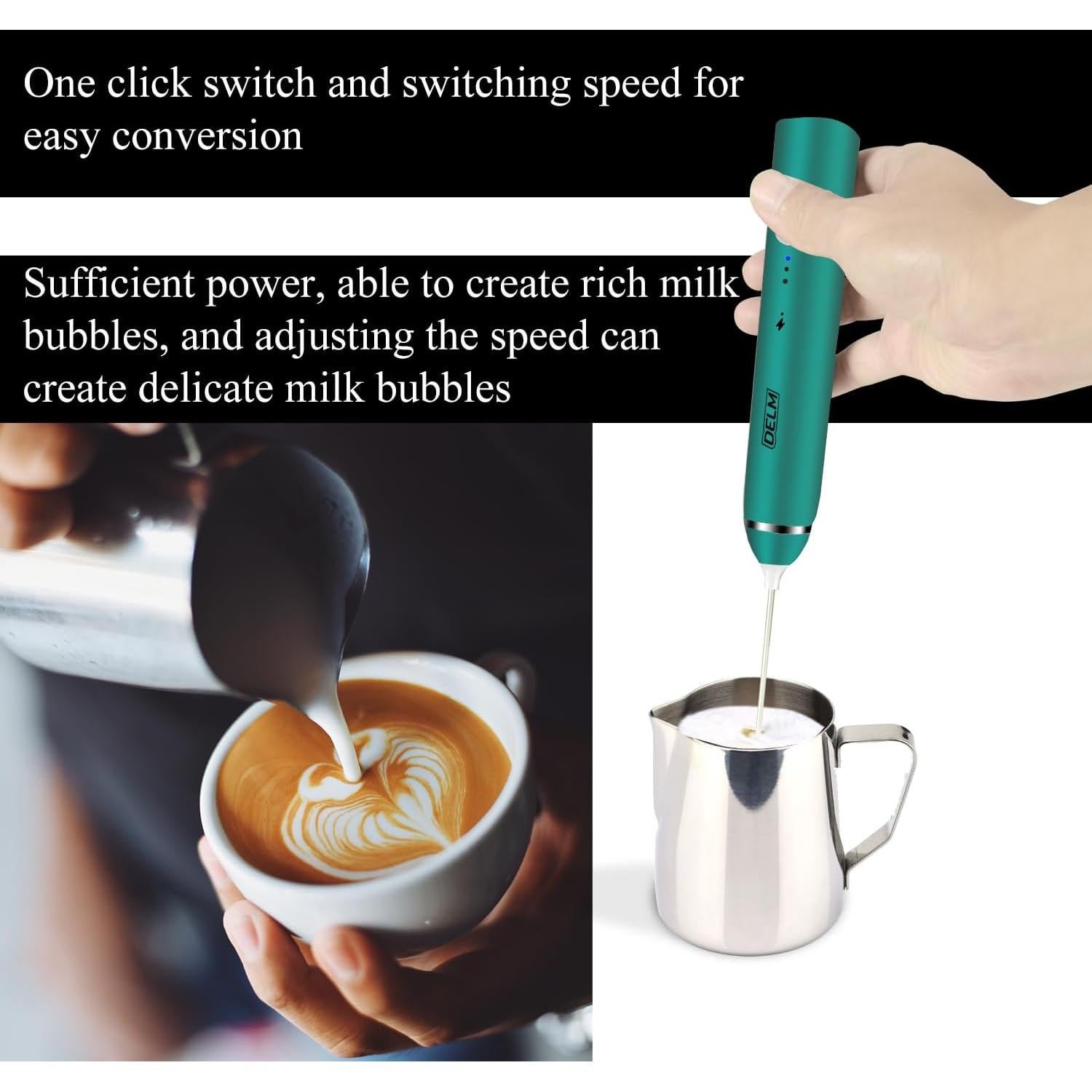 Espumador de Leche Eléctrico DELM Verde - Acero Inoxidable, USB