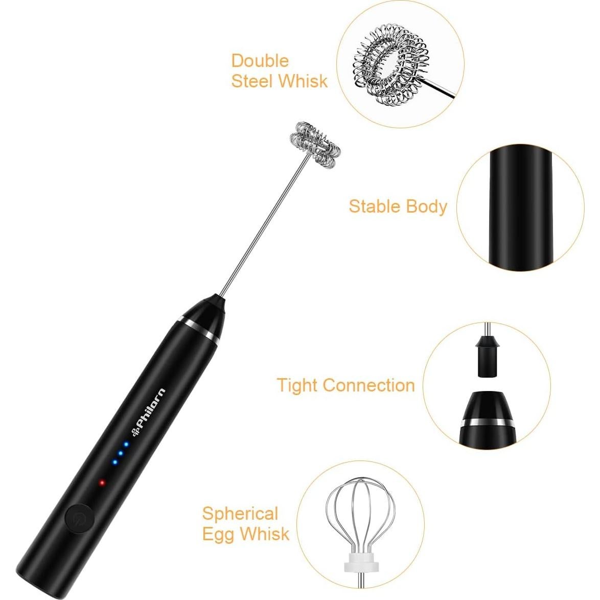 Espumador de Leche Recargable Philorn Negro 1200mAh 3 Velocidades