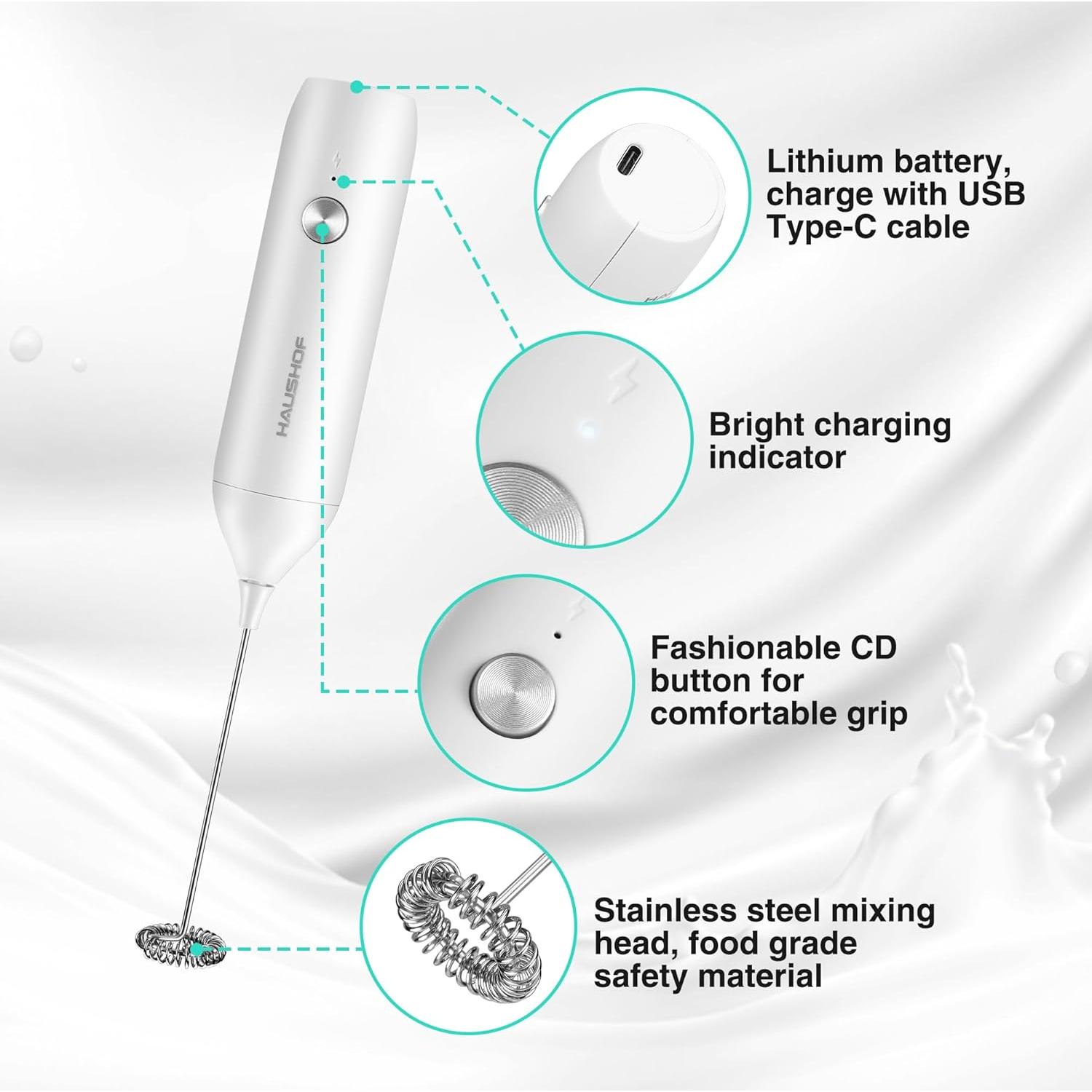 Espumador de Leche Eléctrico HAUSHOF Blanco Recargable USB-C