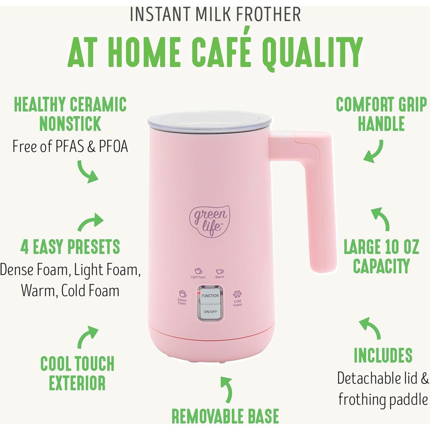 Espumador de Leche Eléctrico GreenLife 0.29L Rosa 4-en-1