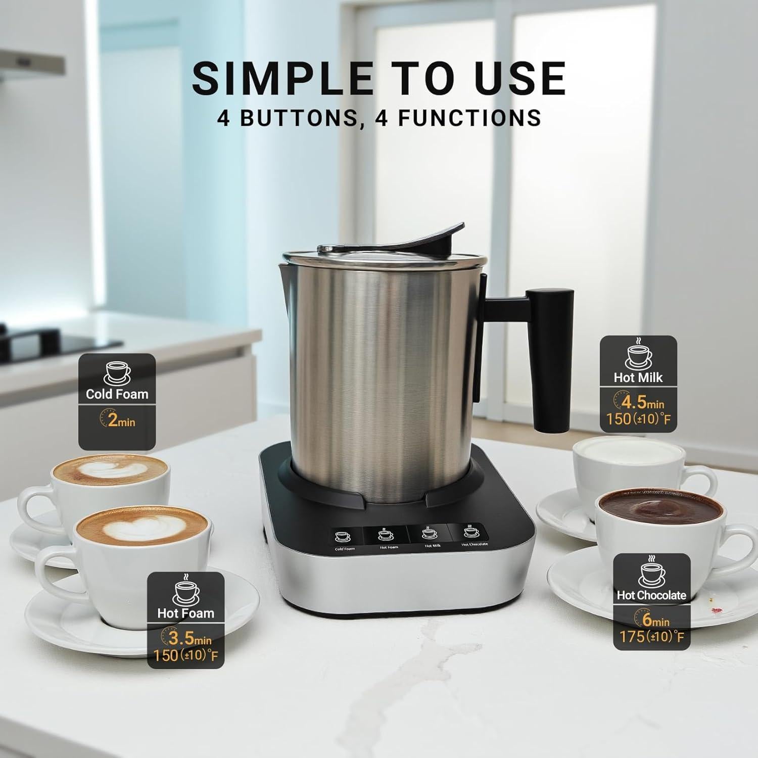 Espumador de Leche Eléctrico FUNLAVIE 4-en-1 400ml Acero Inoxidable